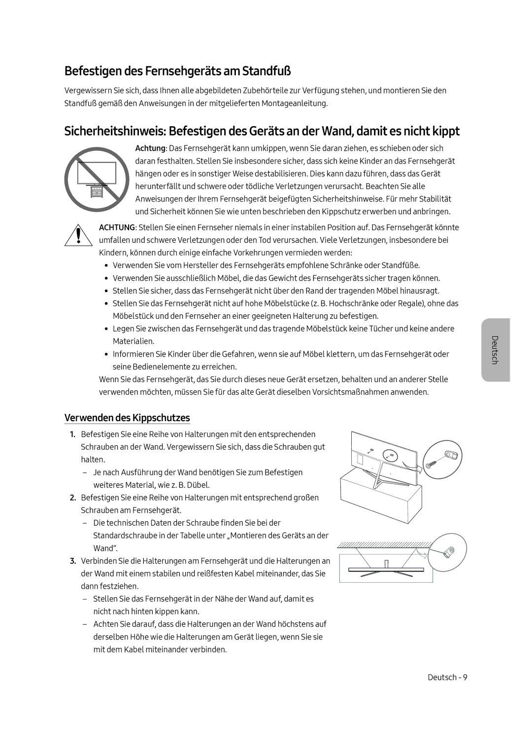 Samsung UE55MU8005TXXC, UE65MU8005TXXC, UE75MU8005TXXC Befestigen des Fernsehgeräts am Standfuß, Verwenden des Kippschutzes 