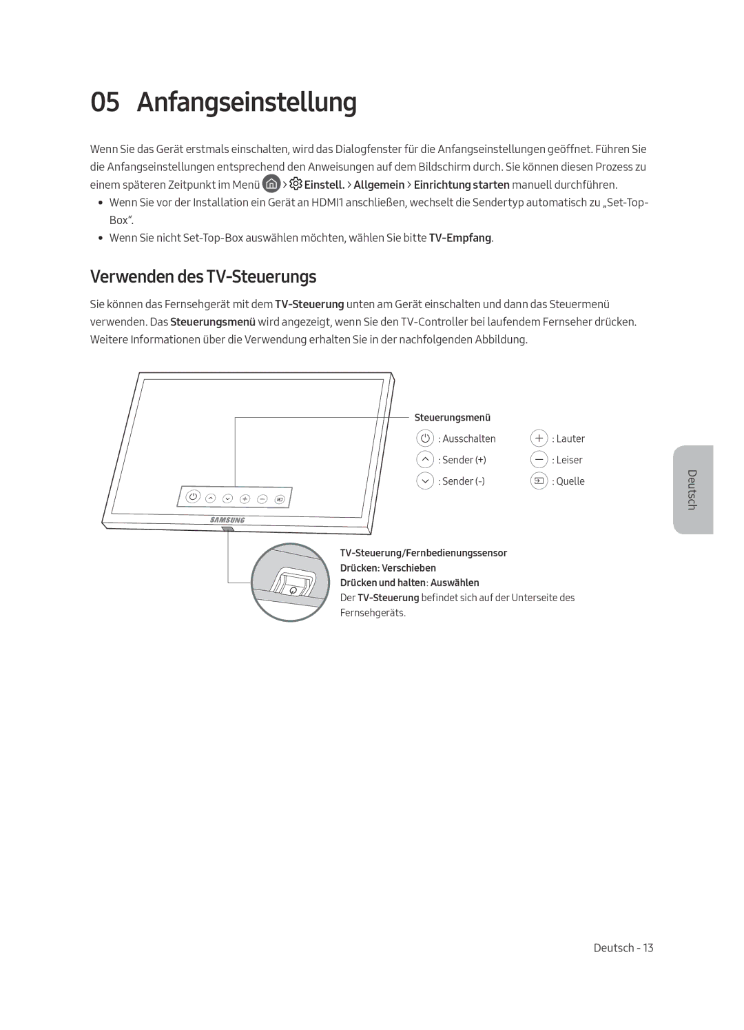Samsung UE55MU8005TXXC, UE65MU8005TXXC, UE75MU8005TXXC, UE49MU8005TXXC manual Anfangseinstellung, Verwenden des TV-Steuerungs 