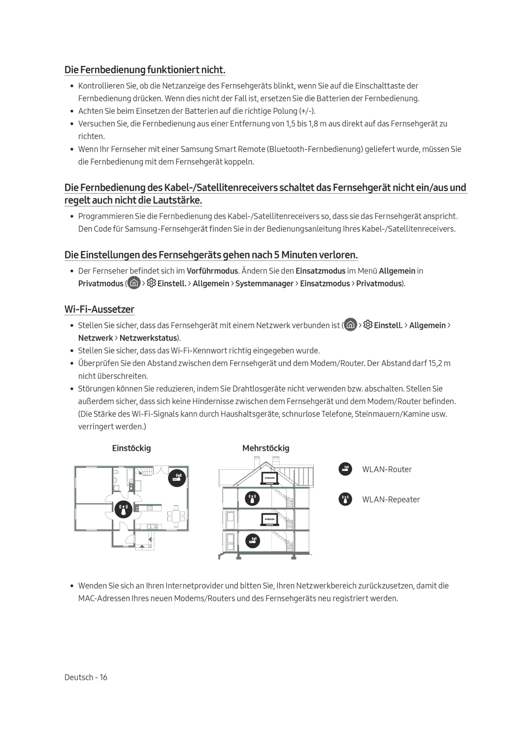 Samsung UE65MU8005TXXC, UE55MU8005TXXC manual Die Fernbedienung funktioniert nicht, Wi-Fi-Aussetzer, EinstöckigMehrstöckig 