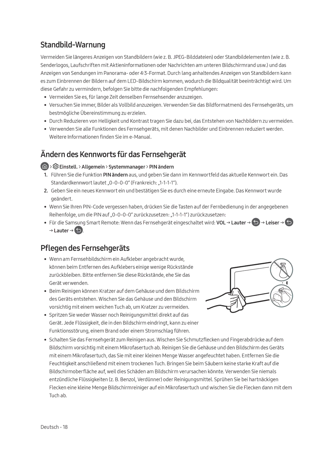 Samsung UE75MU8005TXXC Standbild-Warnung, Ändern des Kennworts für das Fernsehgerät, Pflegen des Fernsehgeräts, → Lauter → 