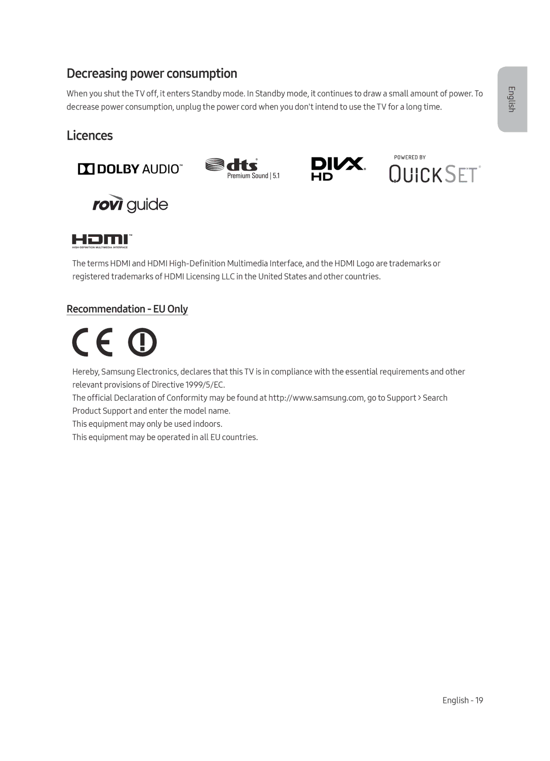 Samsung UE55MU9000TXZT, UE65MU9000TXZG, UE55MU9000TXZG manual Decreasing power consumption, Licences, Recommendation EU Only 