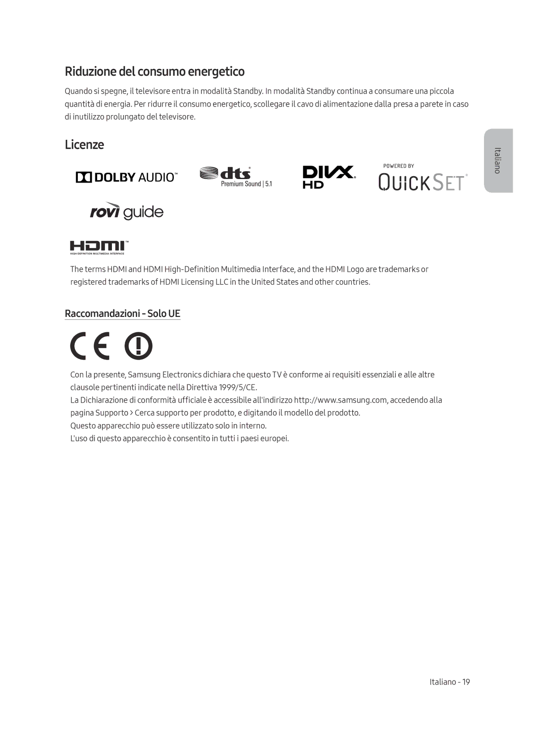 Samsung UE65MU9000TXXU, UE65MU9000TXZG, UE55MU9000TXZG Riduzione del consumo energetico, Licenze, Raccomandazioni Solo UE 