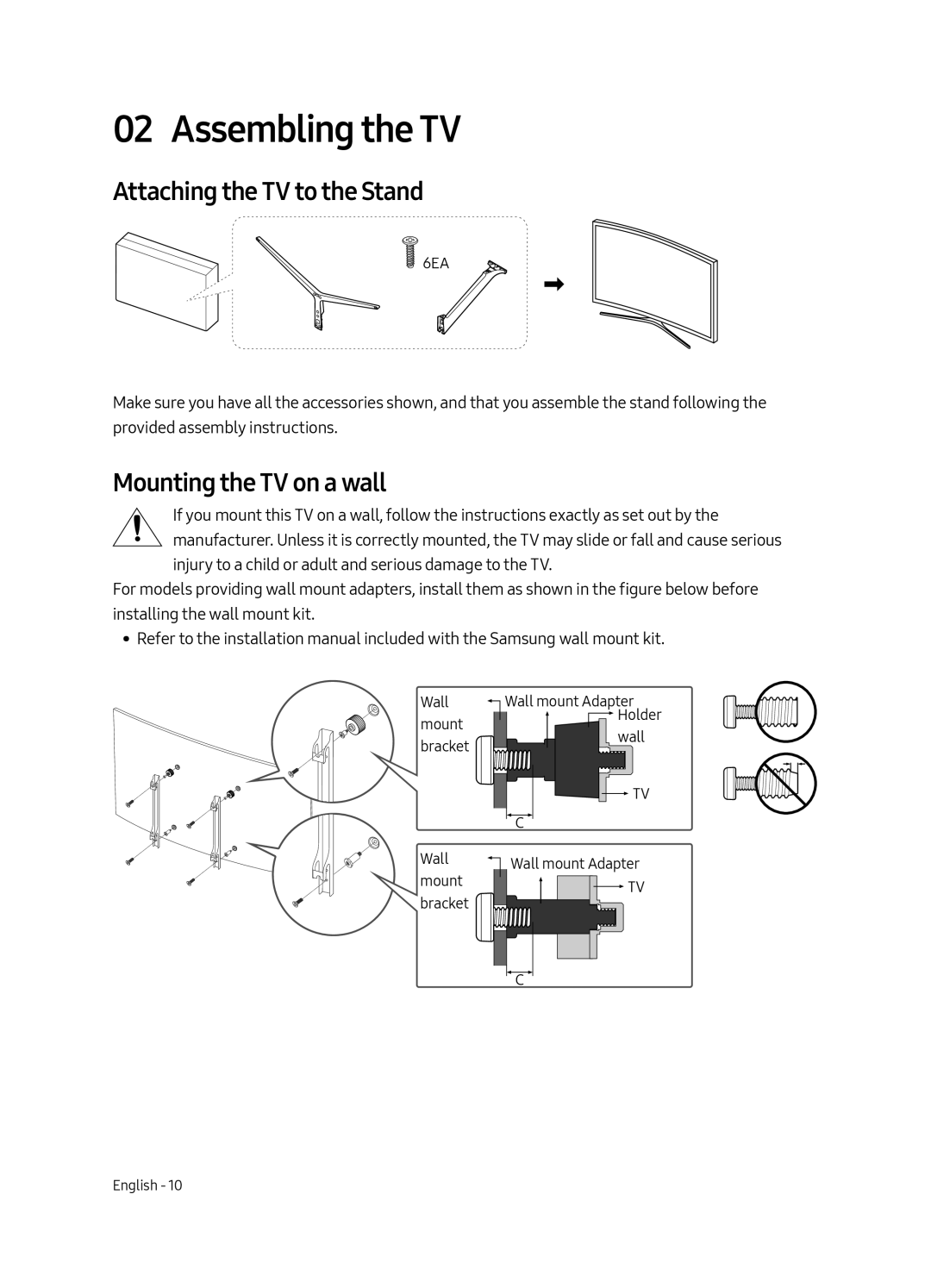 Samsung UE65MU9000TXZG, UE55MU9000TXZG manual Assembling the TV, Attaching the TV to the Stand, Mounting the TV on a wall 