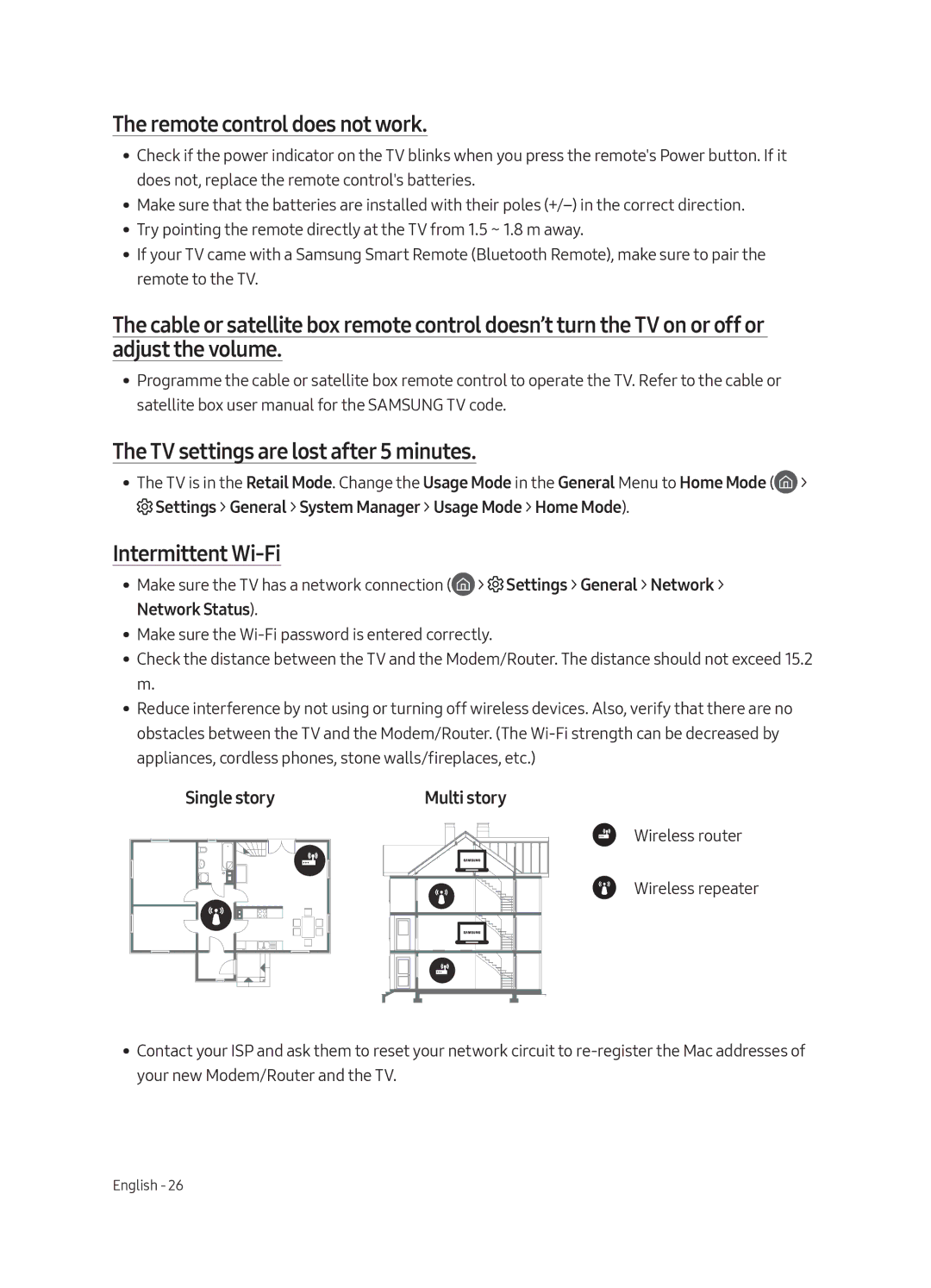 Samsung UE65MU9000TXSQ, UE65MU9000TXZG, UE55MU9000TXZG, UE65MU9000TXZT manual Remote control does not work, Intermittent Wi-Fi 