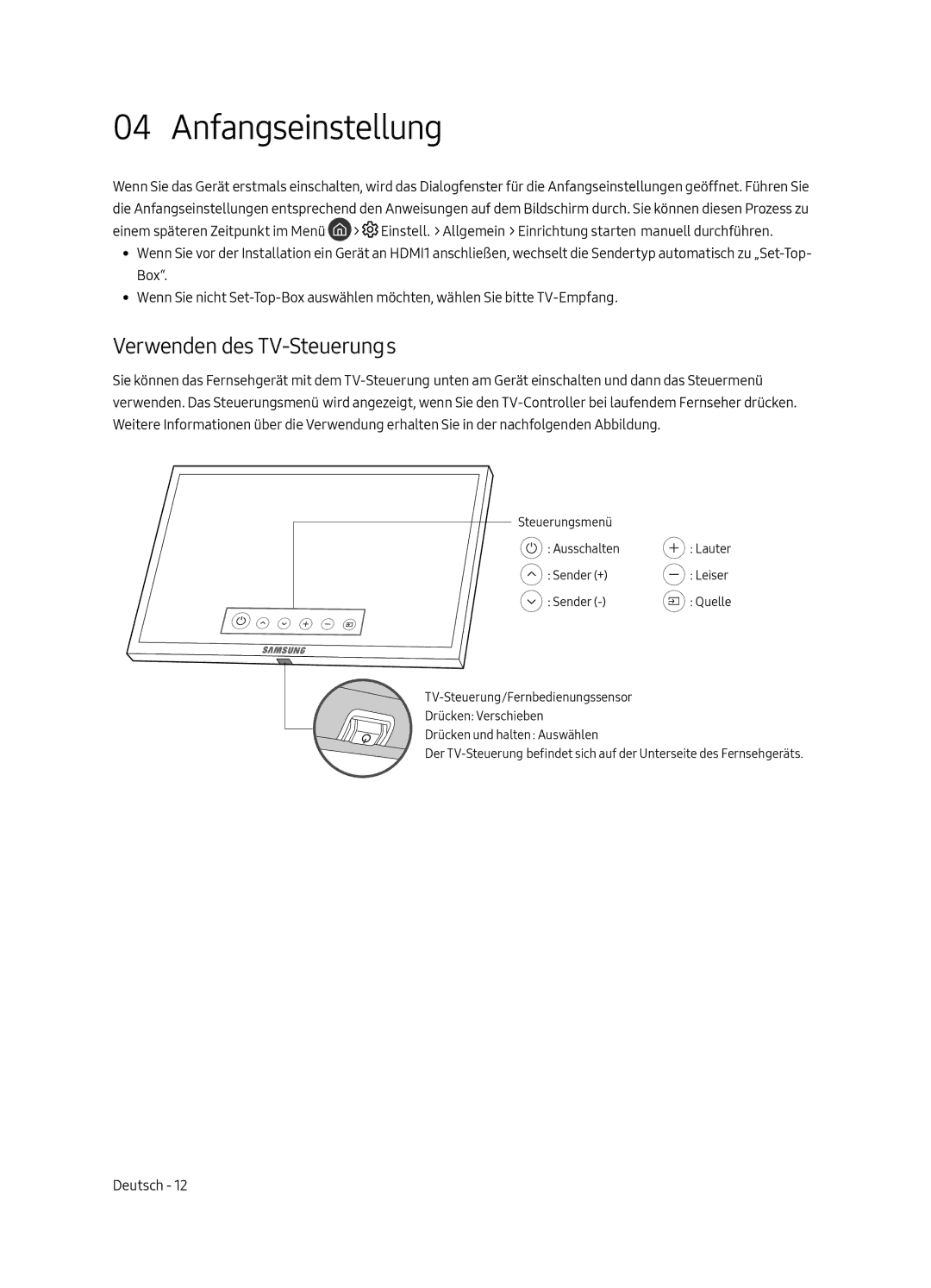 Samsung UE55MU9000TXZT, UE65MU9009TXZG, UE65MU9000TXZG, UE55MU9009TXZG manual Anfangseinstellung, Verwenden des TV-Steuerungs 