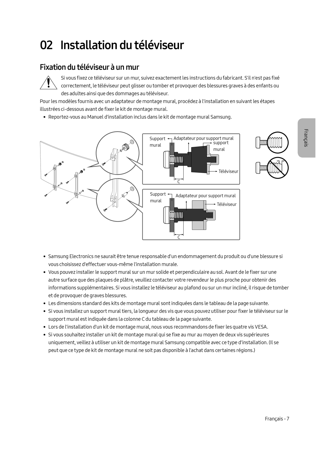 Samsung UE55MU9000TXSQ, UE65MU9009TXZG, UE65MU9000TXZG manual Installation du téléviseur, Fixation du téléviseur à un mur 