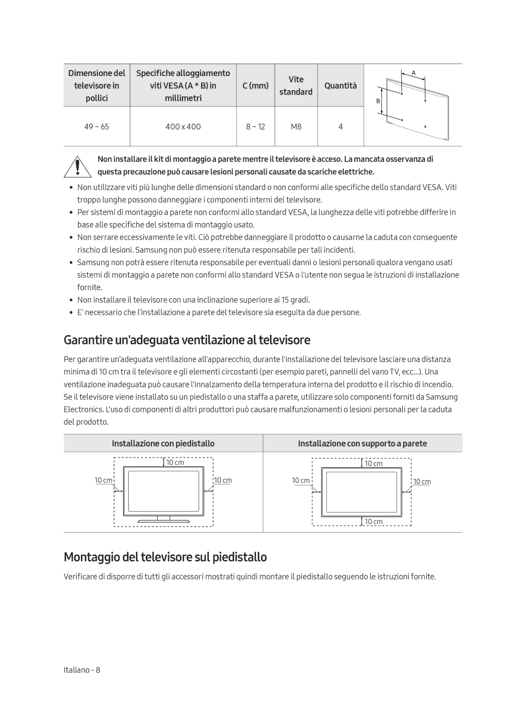 Samsung UE49MU9009TXZG manual Garantire unadeguata ventilazione al televisore, Montaggio del televisore sul piedistallo 