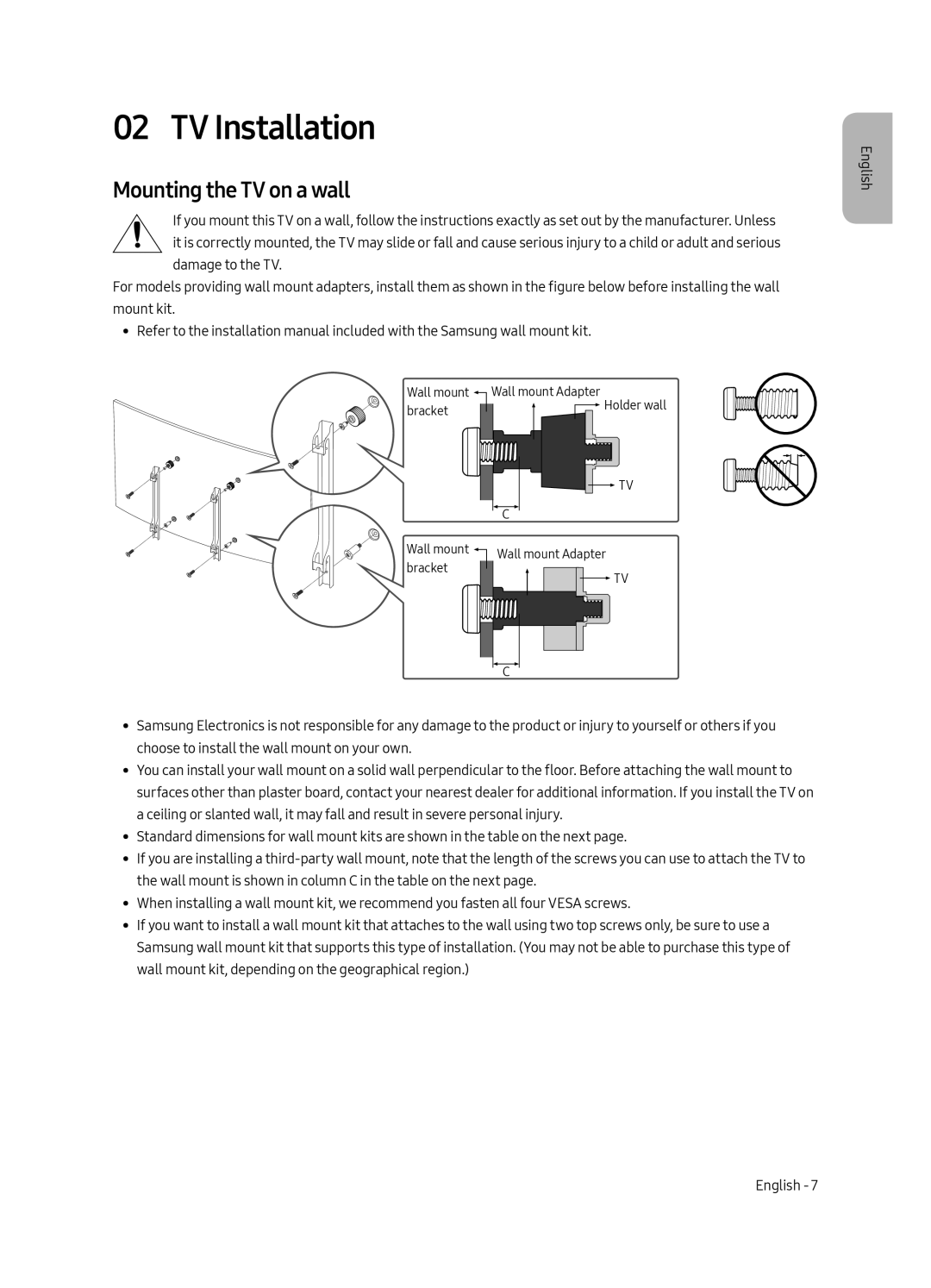 Samsung UE49MU9000TXXU, UE65MU9009TXZG, UE65MU9000TXZG, UE55MU9009TXZG manual TV Installation, Mounting the TV on a wall 