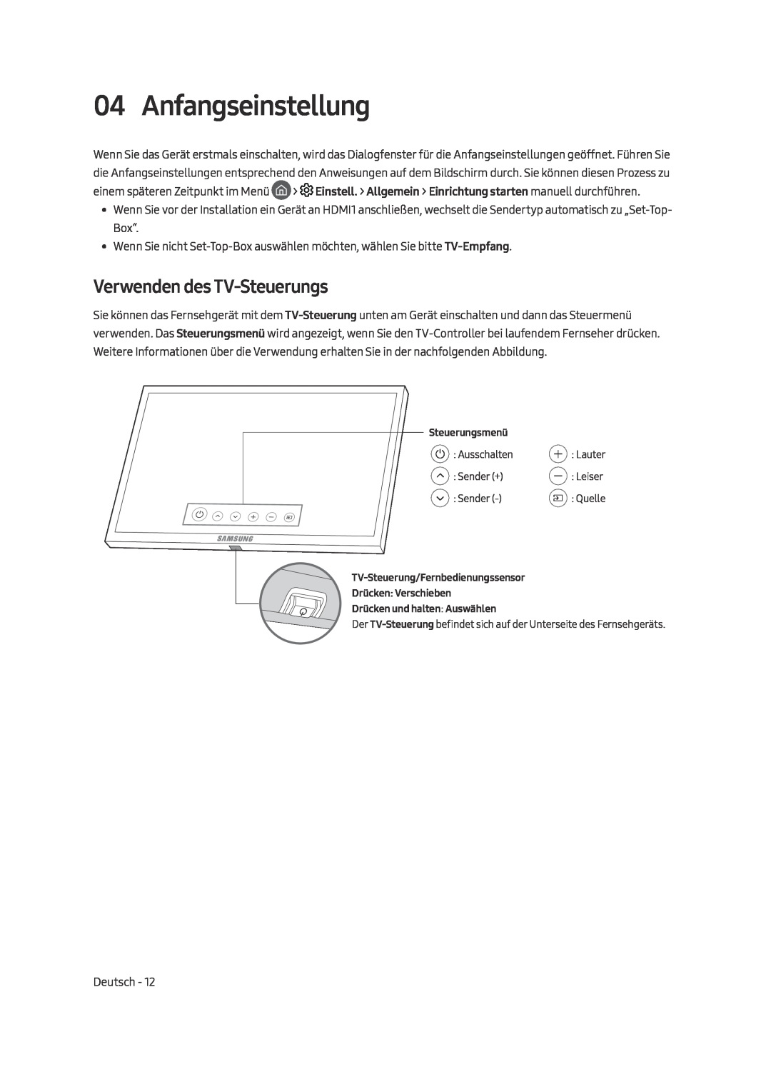 Samsung UE55MU9000TXZT, UE65MU9009TXZG, UE65MU9000TXZG, UE55MU9009TXZG manual Anfangseinstellung, Verwenden des TV-Steuerungs 