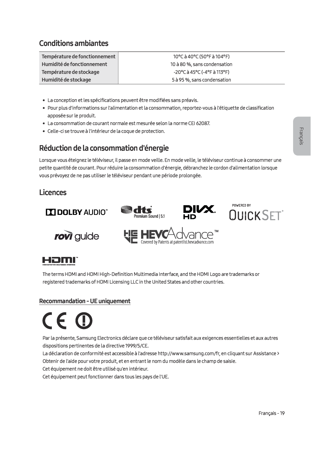 Samsung UE49MU9000TXXU manual Conditions ambiantes, Réduction de la consommation dénergie, Recommandation - UE uniquement 