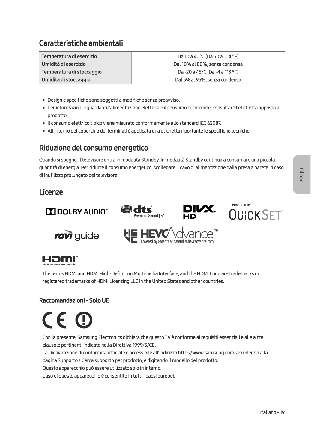 Samsung UE65MU9000TXZG Caratteristiche ambientali, Riduzione del consumo energetico, Licenze, Raccomandazioni - Solo UE 