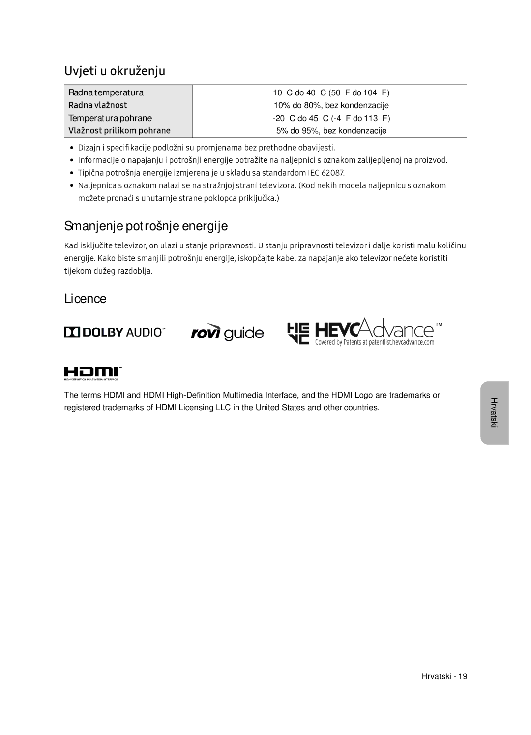 Samsung UE55NU7102KXXH, UE65NU7172UXXH, UE75NU7172UXXH manual Uvjeti u okruženju, Smanjenje potrošnje energije, Licence 