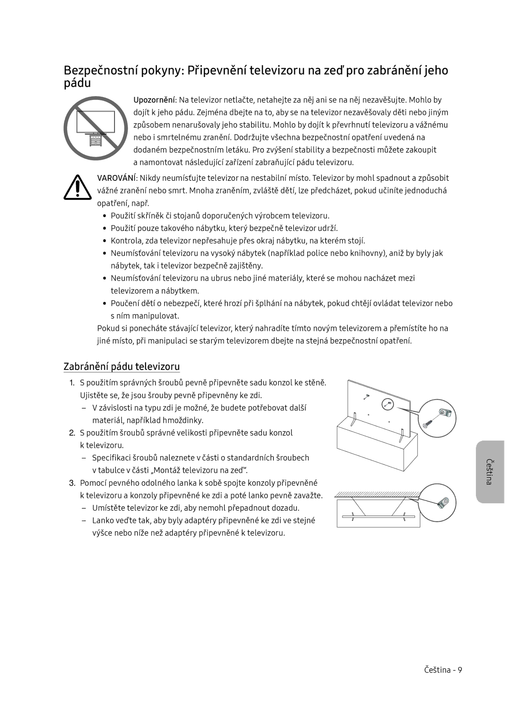 Samsung UE75NU7172UXXH, UE65NU7172UXXH, UE65NU7102KXXH, UE55NU7102KXXH manual Zabránění pádu televizoru 