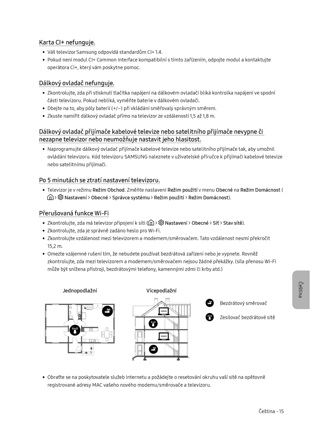 Samsung UE55NU7102KXXH manual Karta CI+ nefunguje, Dálkový ovladač nefunguje, Po 5 minutách se ztratí nastavení televizoru 