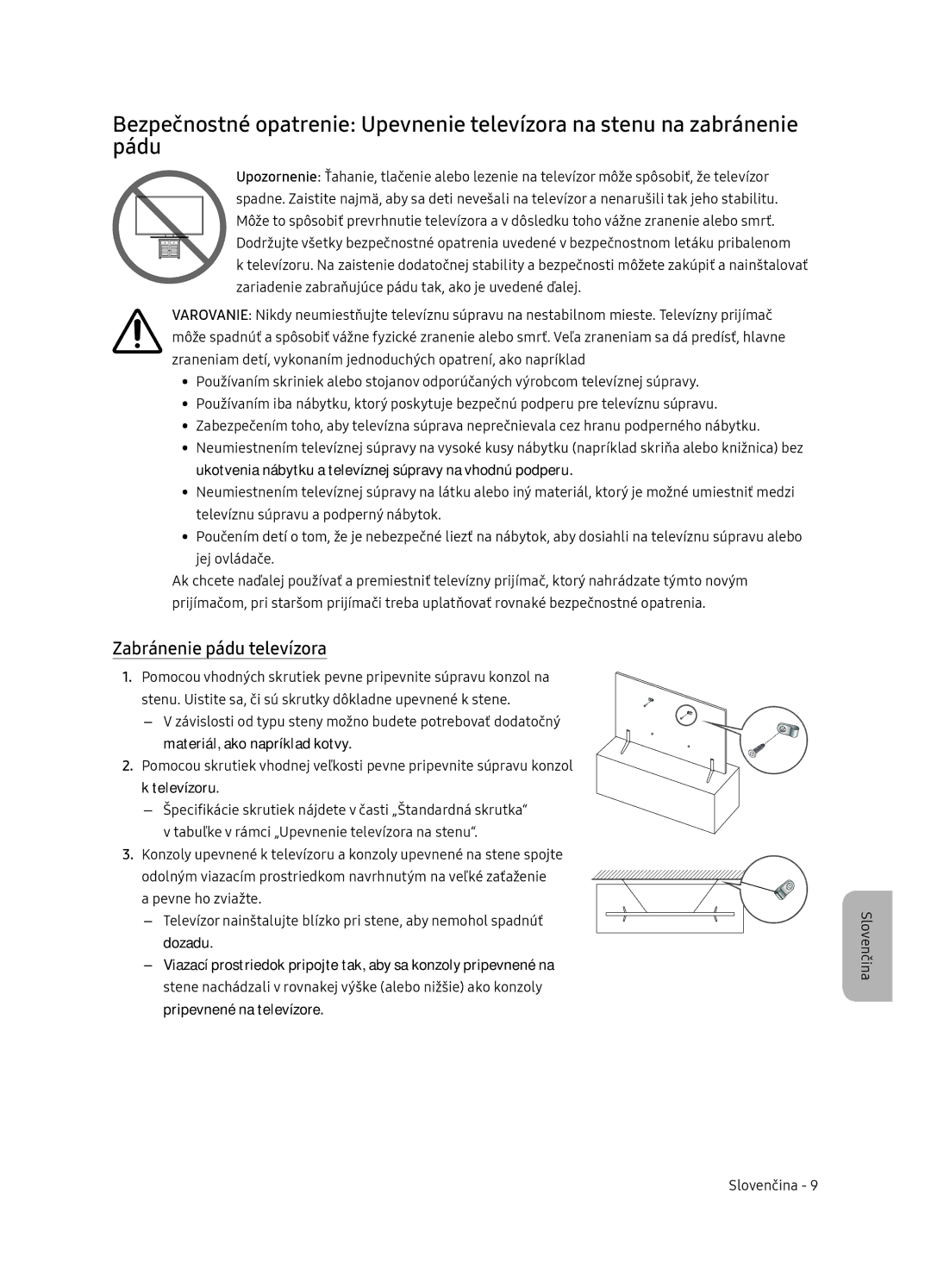 Samsung UE75NU7172UXXH, UE65NU7172UXXH, UE65NU7102KXXH, UE55NU7102KXXH manual Zabránenie pádu televízora 