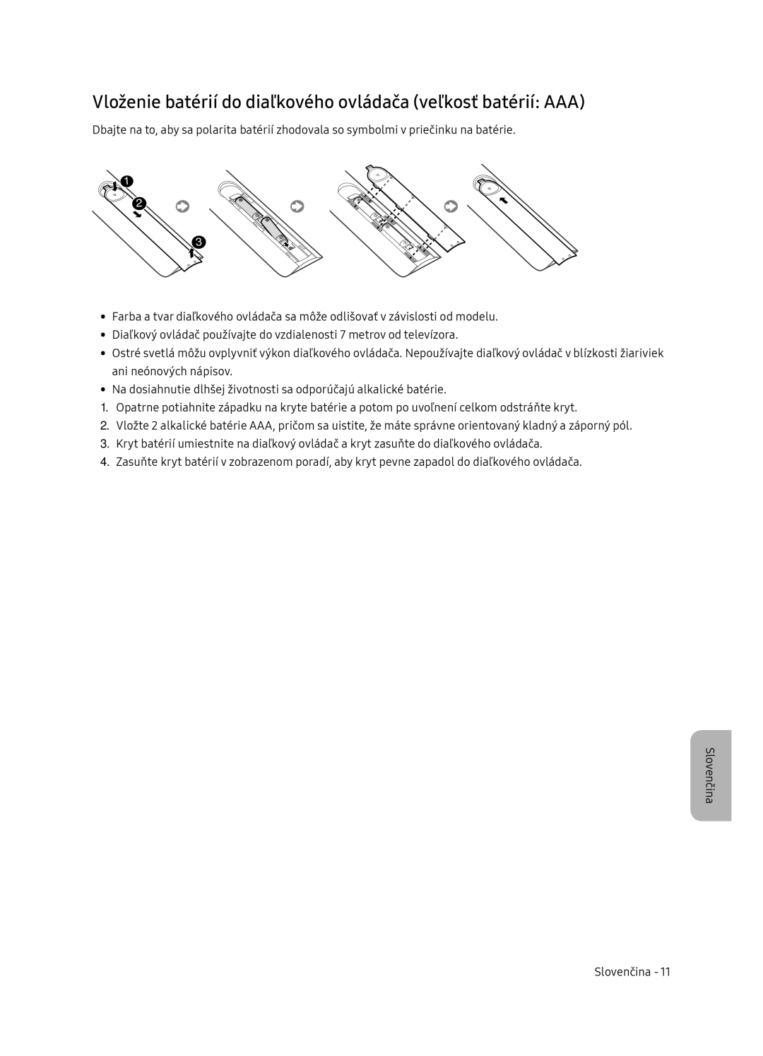 Samsung UE55NU7102KXXH, UE65NU7172UXXH, UE75NU7172UXXH manual Vloženie batérií do diaľkového ovládača veľkosť batérií AAA 