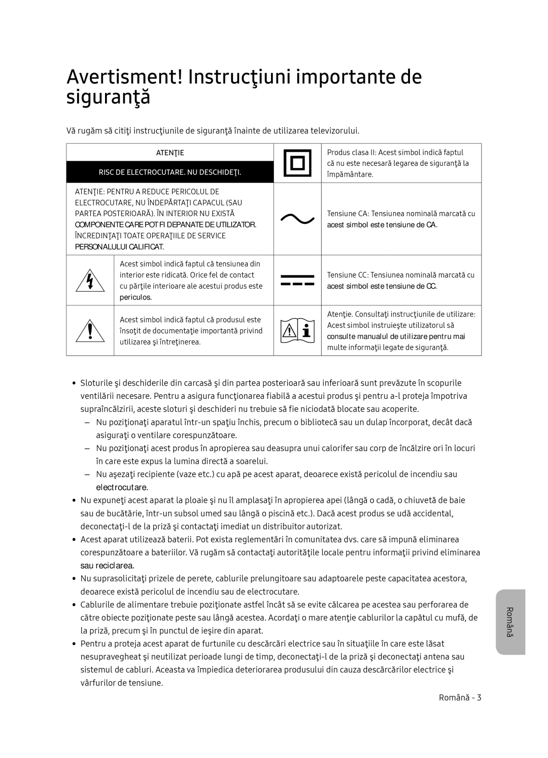 Samsung UE55NU7102KXXH manual Avertisment! Instrucţiuni importante de siguranţă, Risc DE ELECTROCUTARE. NU Deschideţi 