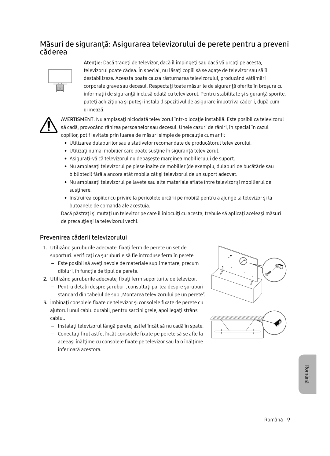 Samsung UE75NU7172UXXH, UE65NU7172UXXH, UE65NU7102KXXH, UE55NU7102KXXH manual Prevenirea căderii televizorului 