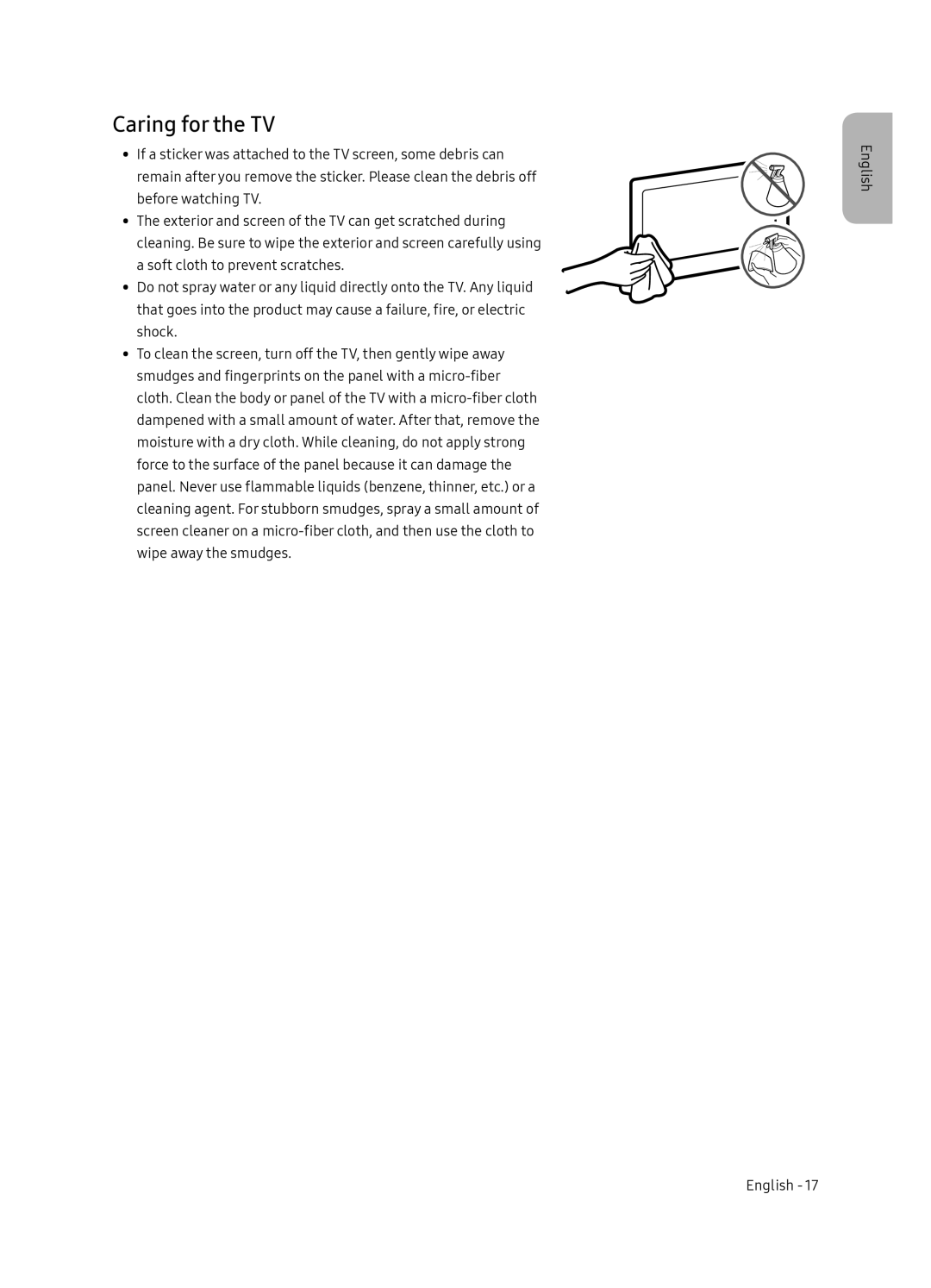 Samsung UE75NU7172UXXH, UE65NU7172UXXH, UE65NU7102KXXH, UE55NU7102KXXH manual Caring for the TV 