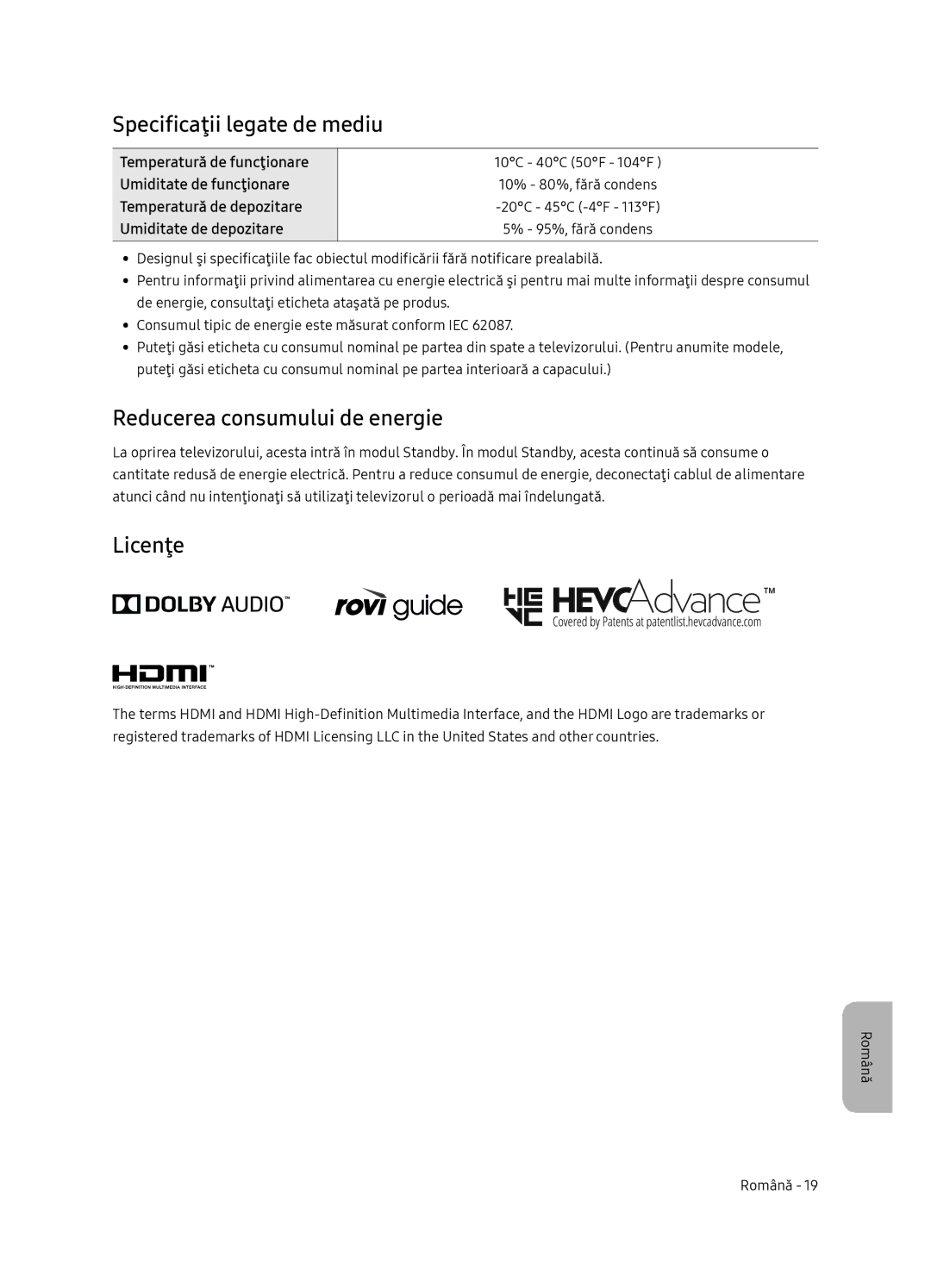 Samsung UE55NU7102KXXH, UE65NU7172UXXH manual Specificaţii legate de mediu, Reducerea consumului de energie, Licenţe 