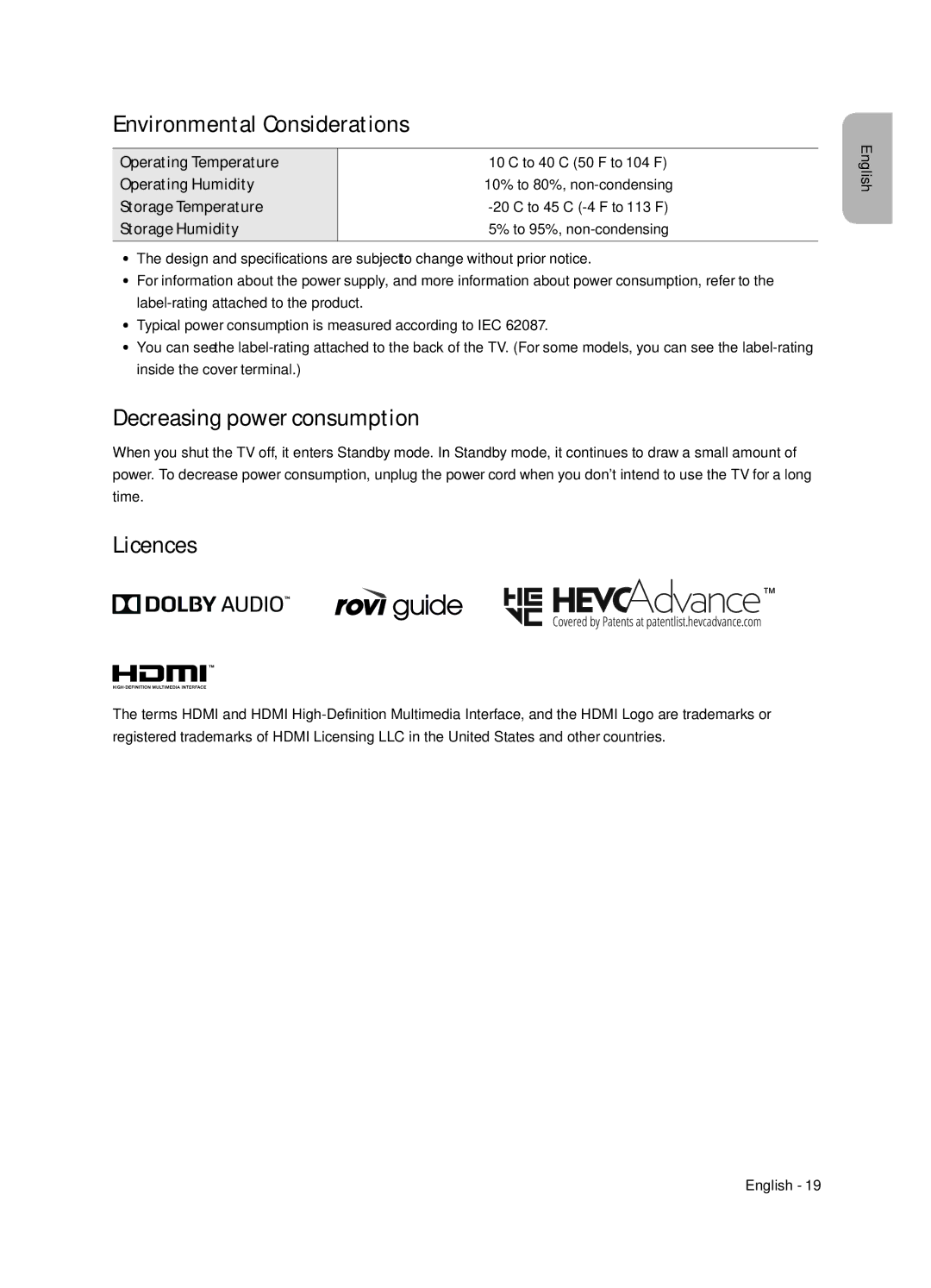 Samsung UE55NU7102KXXH, UE65NU7172UXXH, UE75NU7172UXXH Environmental Considerations, Decreasing power consumption, Licences 