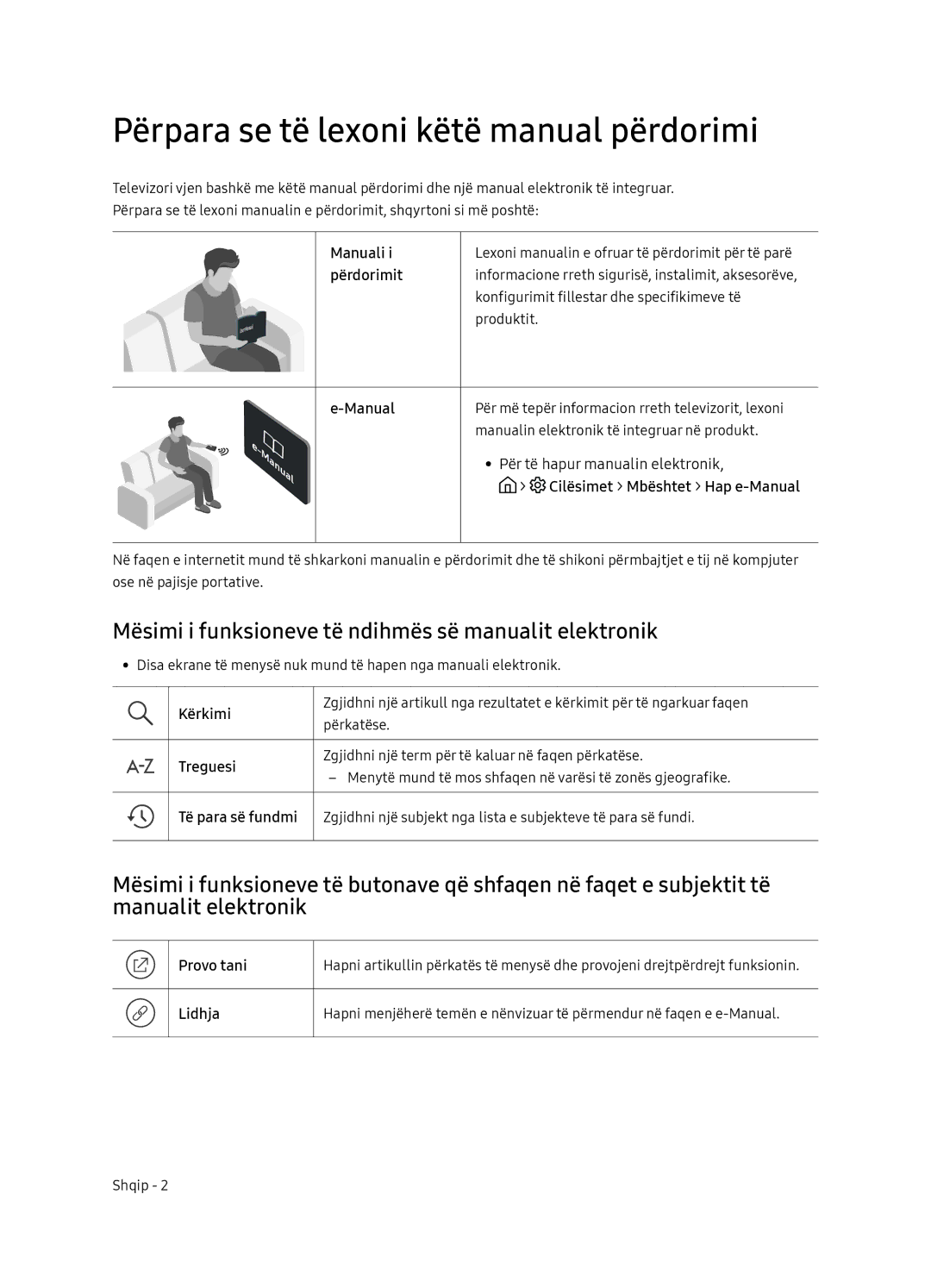 Samsung UE65NU7102KXXH Përpara se të lexoni këtë manual përdorimi, Mësimi i funksioneve të ndihmës së manualit elektronik 