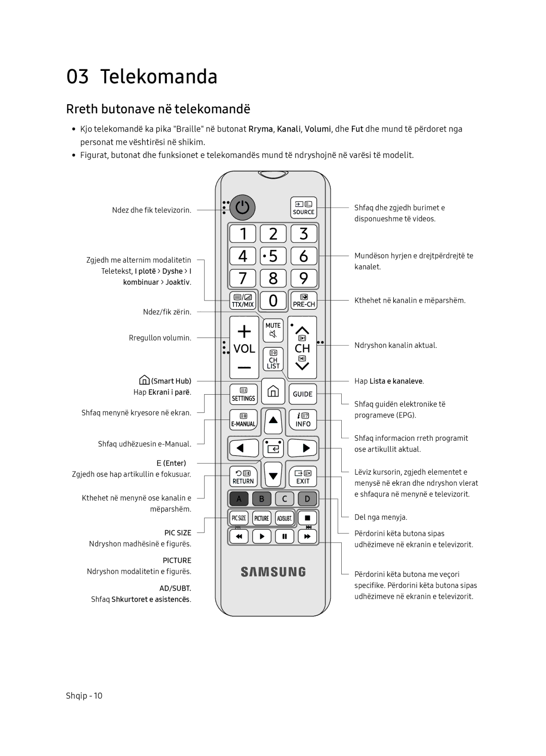 Samsung UE65NU7102KXXH, UE65NU7172UXXH, UE75NU7172UXXH, UE55NU7102KXXH manual Telekomanda, Rreth butonave në telekomandë 