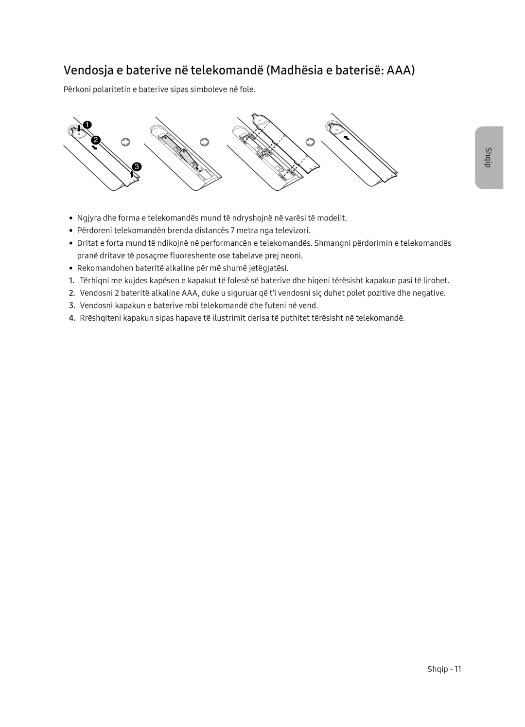 Samsung UE55NU7102KXXH, UE65NU7172UXXH, UE75NU7172UXXH manual Vendosja e baterive në telekomandë Madhësia e baterisë AAA 