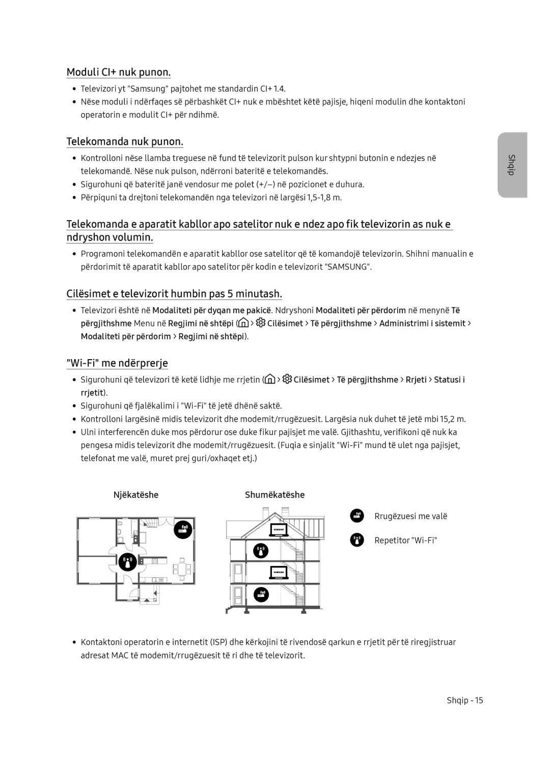 Samsung UE55NU7102KXXH manual Moduli CI+ nuk punon, Telekomanda nuk punon, Cilësimet e televizorit humbin pas 5 minutash 