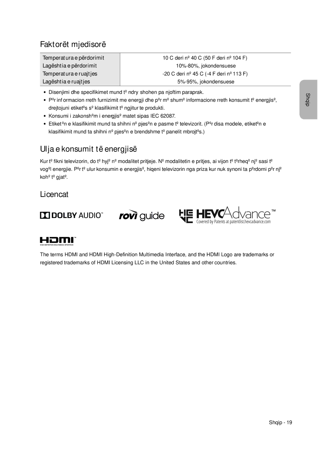 Samsung UE55NU7102KXXH, UE65NU7172UXXH, UE75NU7172UXXH manual Faktorët mjedisorë, Ulja e konsumit të energjisë, Licencat 