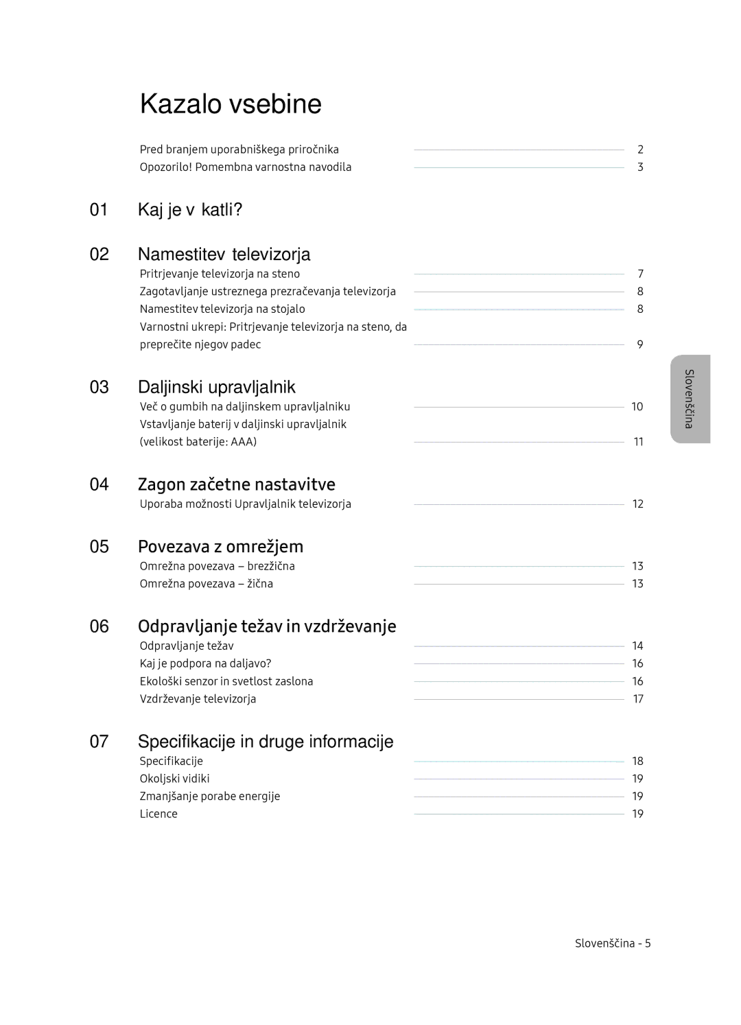 Samsung UE75NU7172UXXH, UE65NU7172UXXH, UE65NU7102KXXH, UE55NU7102KXXH manual Kazalo vsebine 