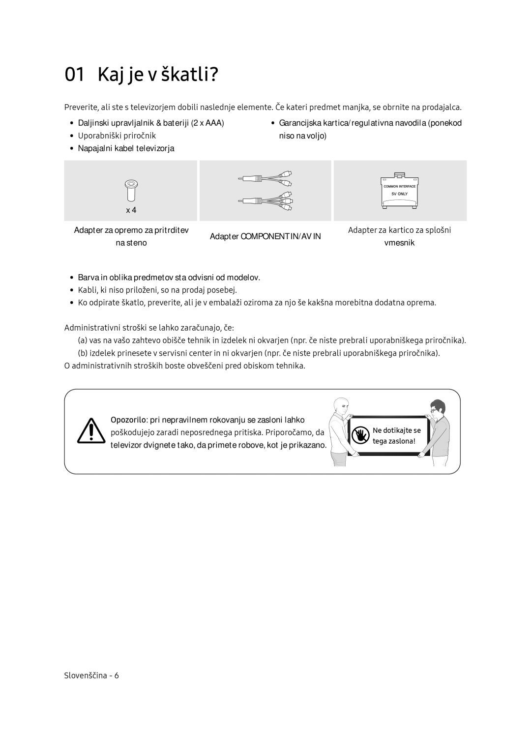 Samsung UE65NU7102KXXH, UE65NU7172UXXH, UE75NU7172UXXH, UE55NU7102KXXH manual Kaj je v škatli? 