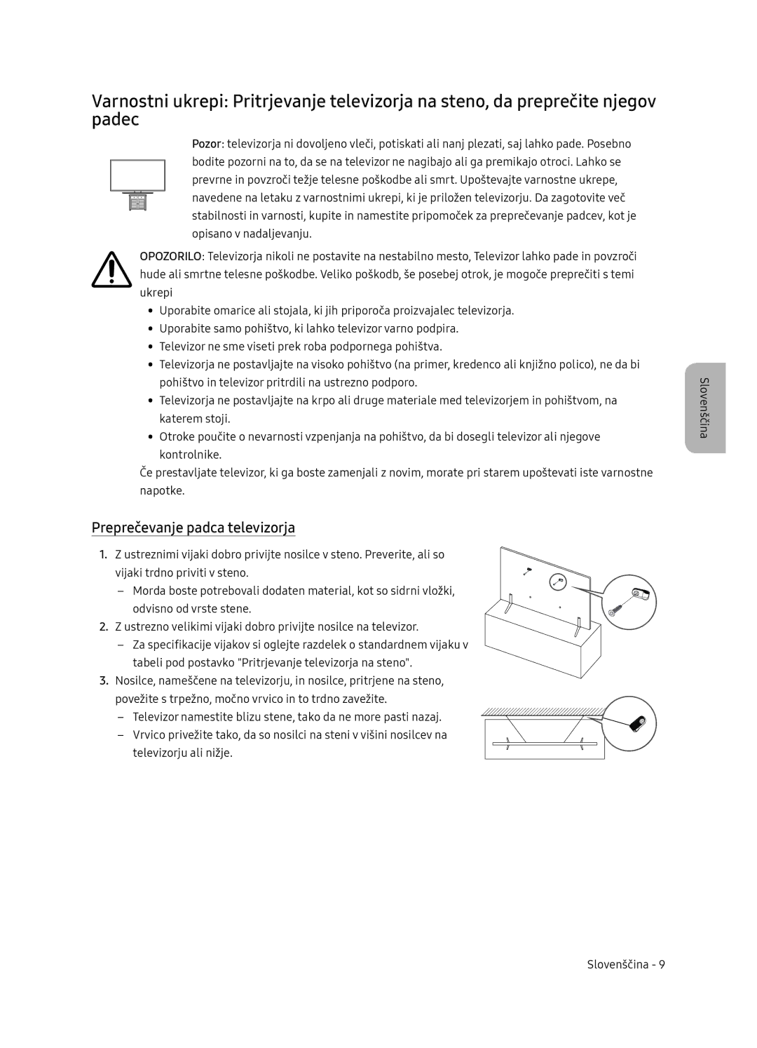 Samsung UE75NU7172UXXH, UE65NU7172UXXH, UE65NU7102KXXH, UE55NU7102KXXH manual Preprečevanje padca televizorja 