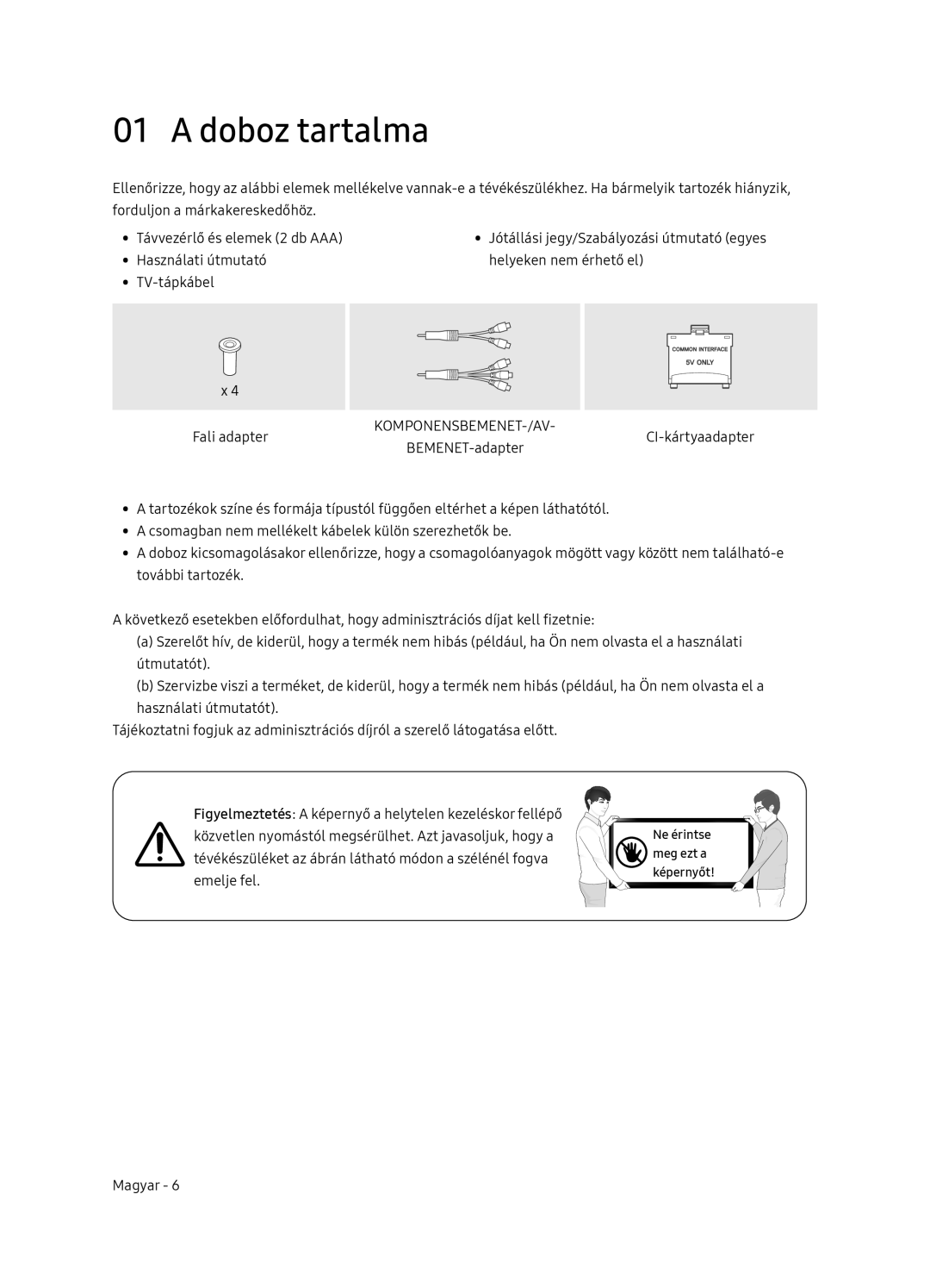 Samsung UE65NU7102KXXH, UE65NU7172UXXH, UE75NU7172UXXH, UE55NU7102KXXH manual Doboz tartalma, Komponensbemenet-/Av 