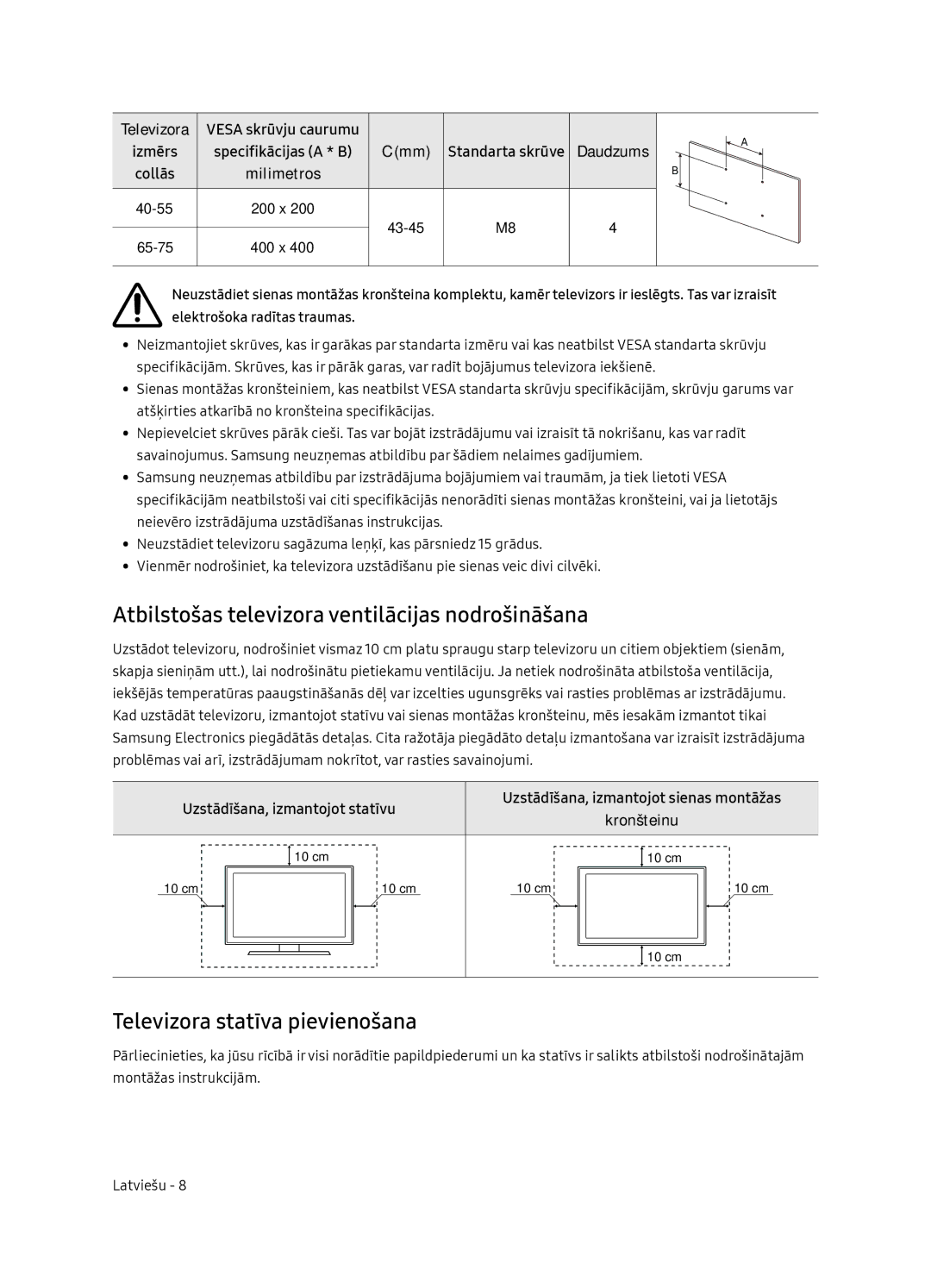 Samsung UE65NU7172UXXH, UE75NU7172UXXH Atbilstošas televizora ventilācijas nodrošināšana, Televizora statīva pievienošana 