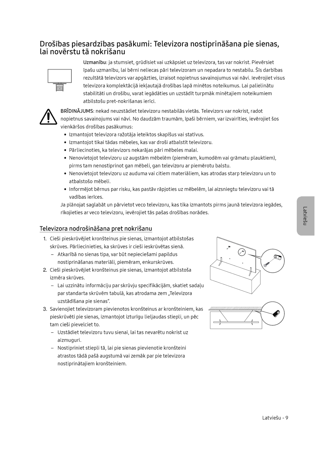 Samsung UE75NU7172UXXH, UE65NU7172UXXH, UE65NU7102KXXH, UE55NU7102KXXH manual Televizora nodrošināšana pret nokrišanu 