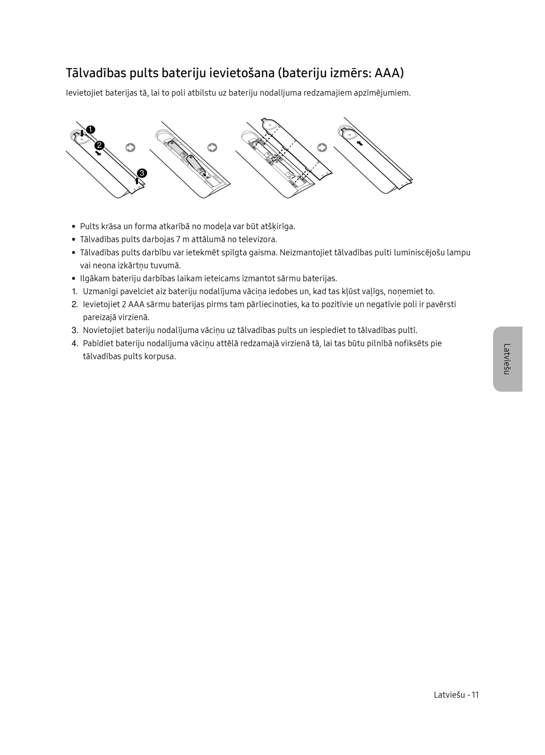 Samsung UE55NU7102KXXH, UE65NU7172UXXH, UE75NU7172UXXH manual Tālvadības pults bateriju ievietošana bateriju izmērs AAA 