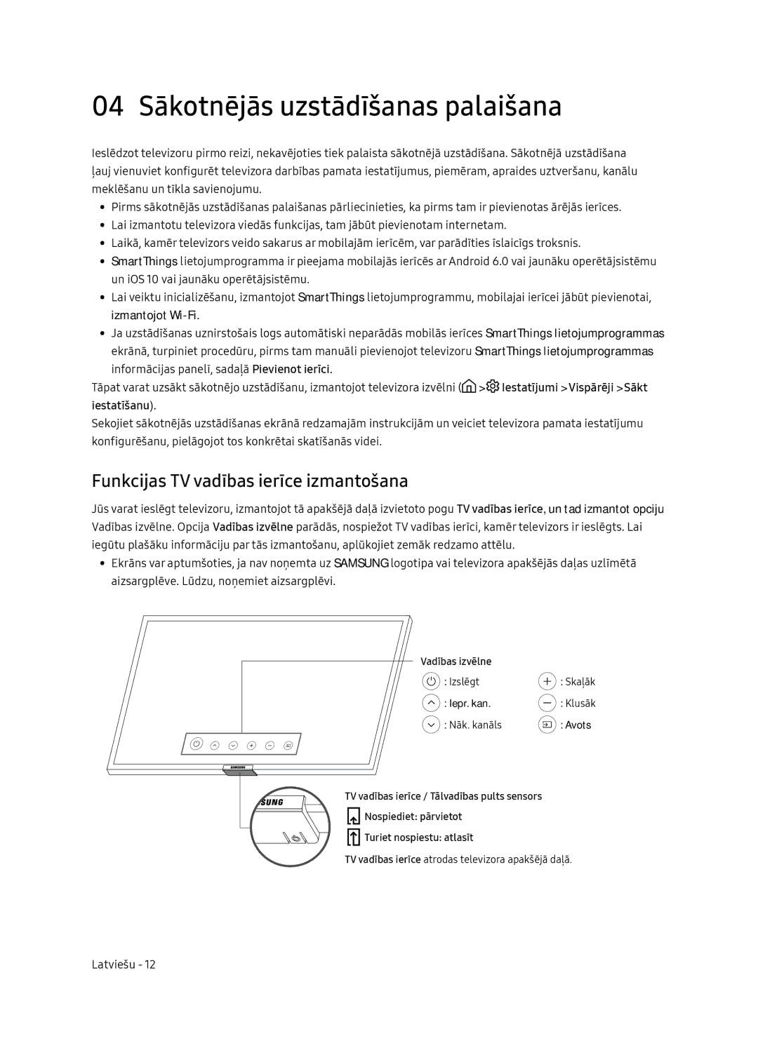 Samsung UE65NU7172UXXH manual 04 Sākotnējās uzstādīšanas palaišana, Funkcijas TV vadības ierīce izmantošana, Iestatīšanu 