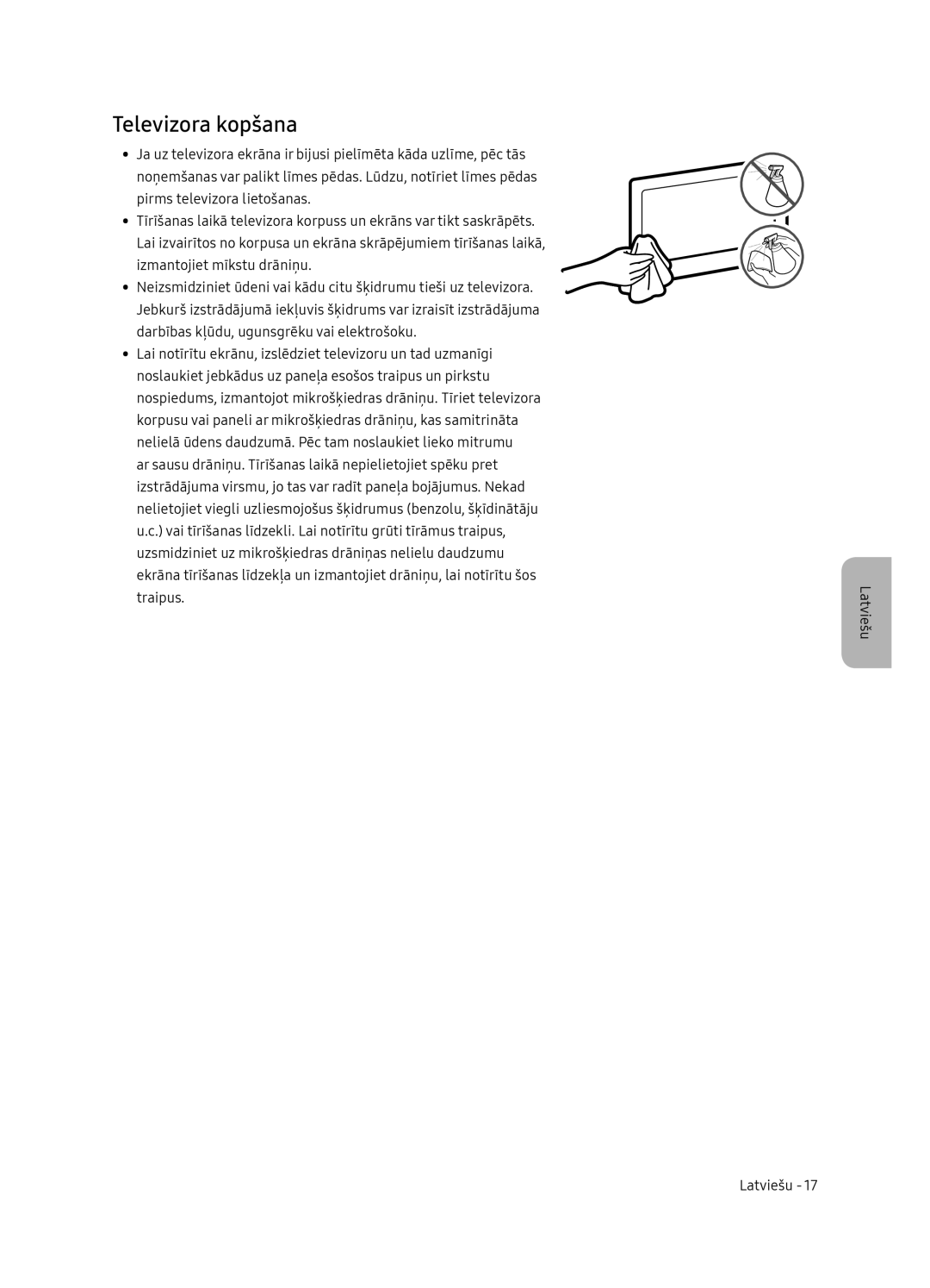 Samsung UE75NU7172UXXH, UE65NU7172UXXH, UE65NU7102KXXH, UE55NU7102KXXH manual Televizora kopšana 