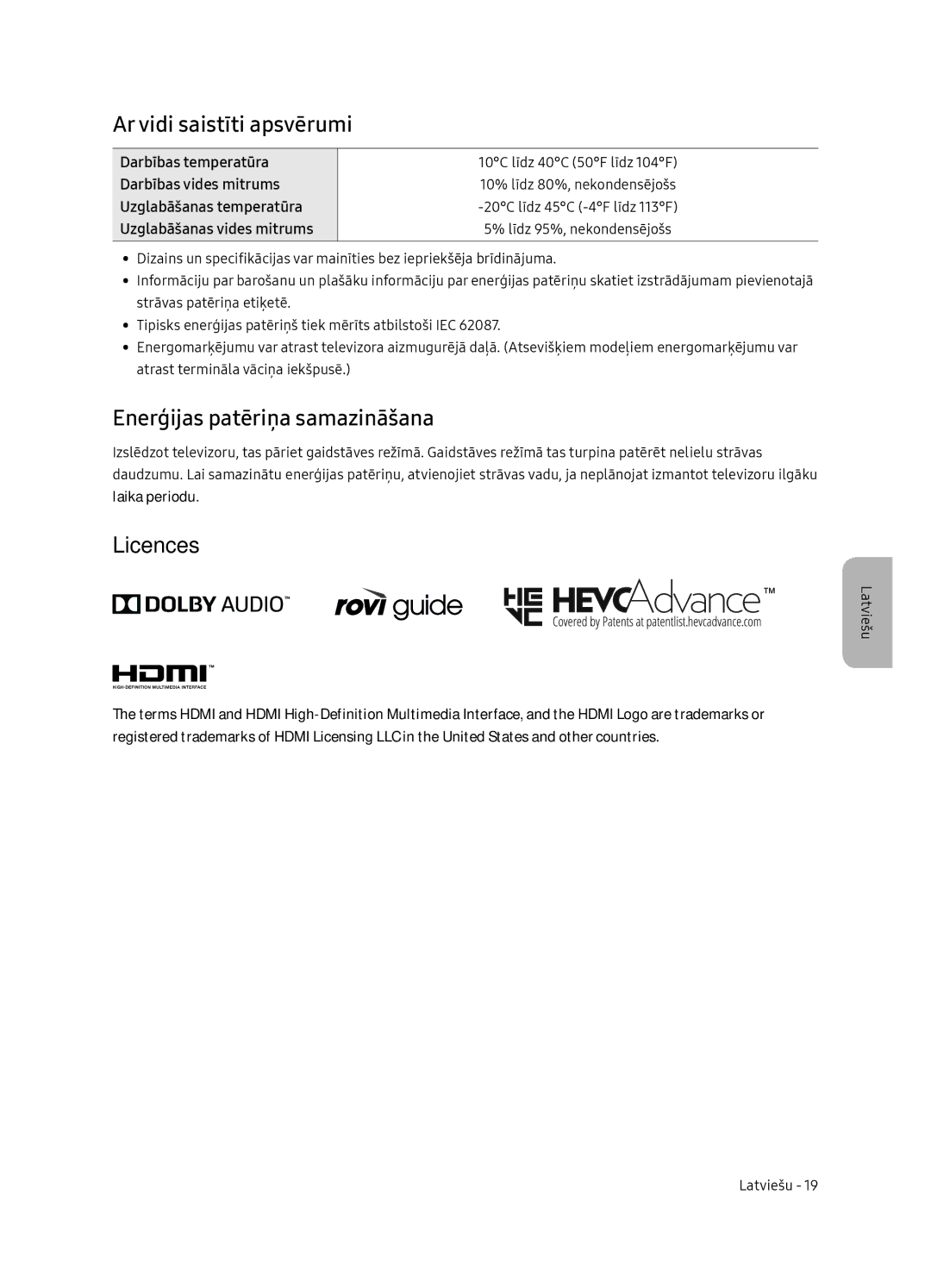 Samsung UE55NU7102KXXH, UE65NU7172UXXH, UE75NU7172UXXH manual Ar vidi saistīti apsvērumi, Enerģijas patēriņa samazināšana 