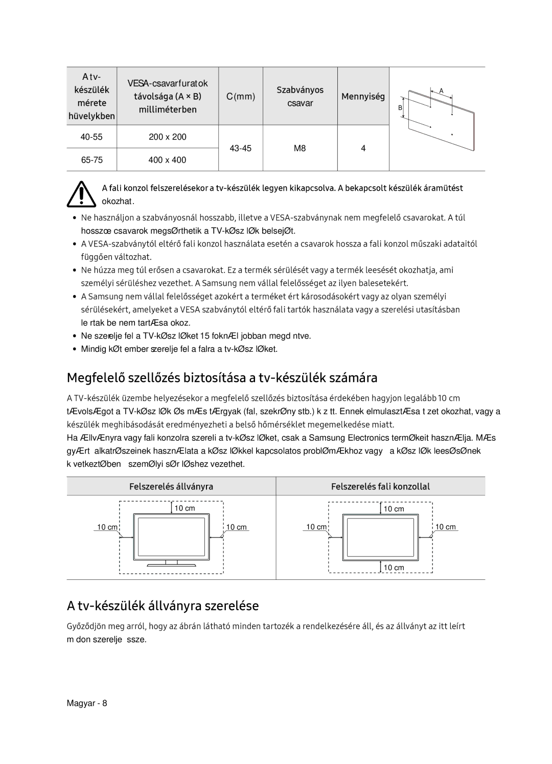 Samsung UE65NU7172UXXH Megfelelő szellőzés biztosítása a tv-készülék számára, Tv-készülék állványra szerelése, Okozhat 