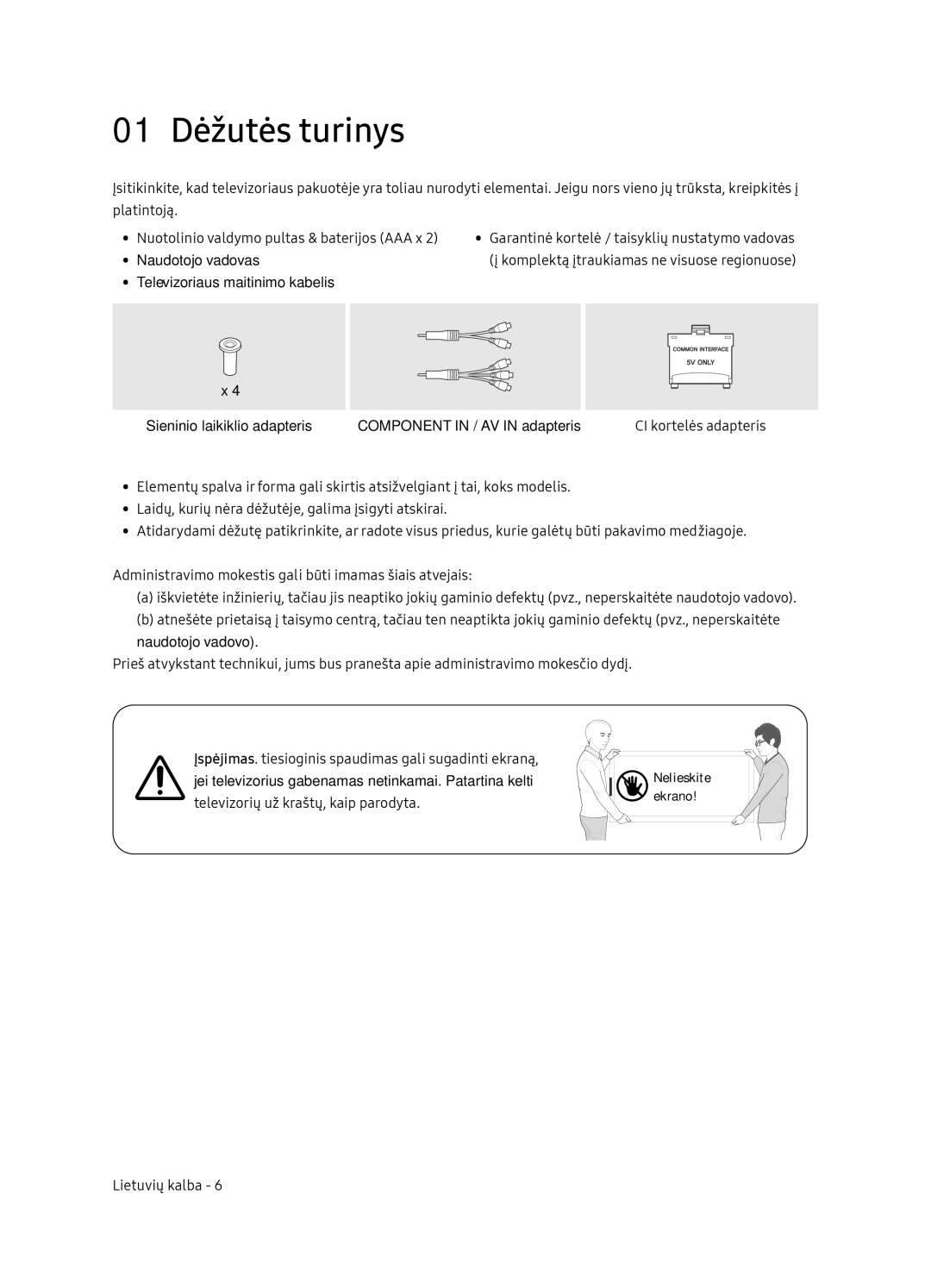 Samsung UE65NU7102KXXH, UE65NU7172UXXH, UE75NU7172UXXH, UE55NU7102KXXH manual 01 Dėžutės turinys 