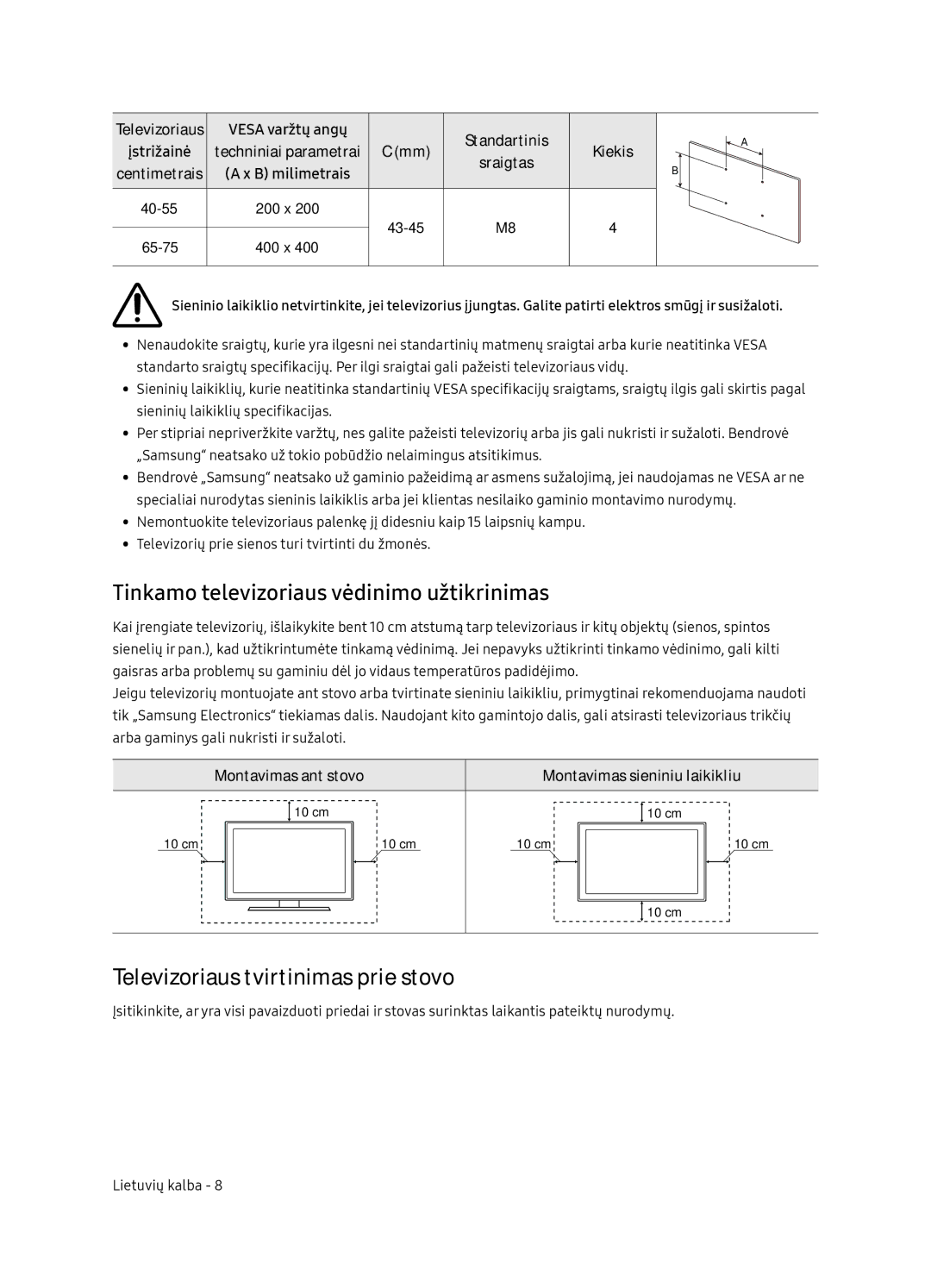 Samsung UE65NU7172UXXH, UE75NU7172UXXH Tinkamo televizoriaus vėdinimo užtikrinimas, Televizoriaus tvirtinimas prie stovo 