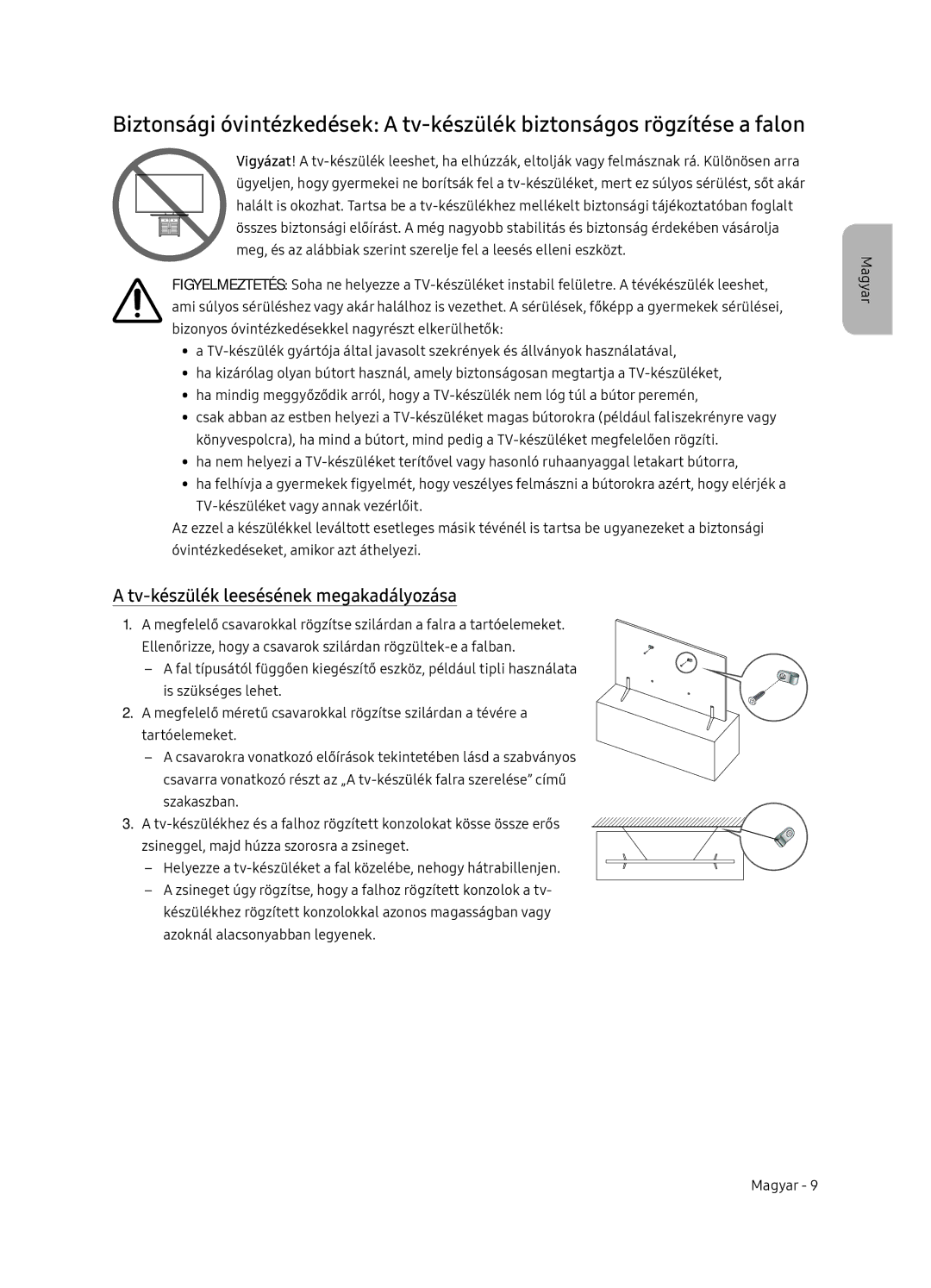 Samsung UE75NU7172UXXH, UE65NU7172UXXH, UE65NU7102KXXH, UE55NU7102KXXH manual Tv-készülék leesésének megakadályozása 