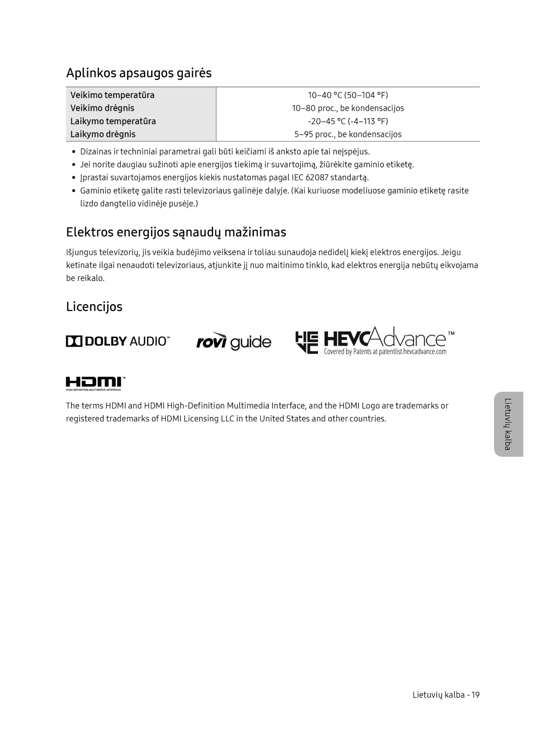 Samsung UE55NU7102KXXH, UE65NU7172UXXH manual Aplinkos apsaugos gairės, Elektros energijos sąnaudų mažinimas, Licencijos 