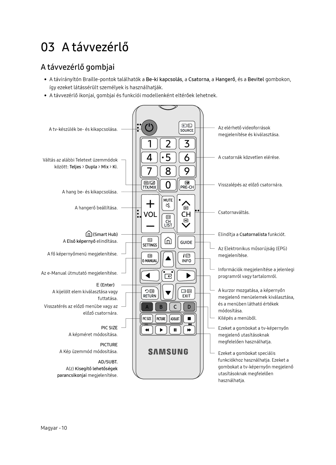 Samsung UE65NU7102KXXH, UE65NU7172UXXH, UE75NU7172UXXH, UE55NU7102KXXH manual 03 a távvezérlő, Távvezérlő gombjai 