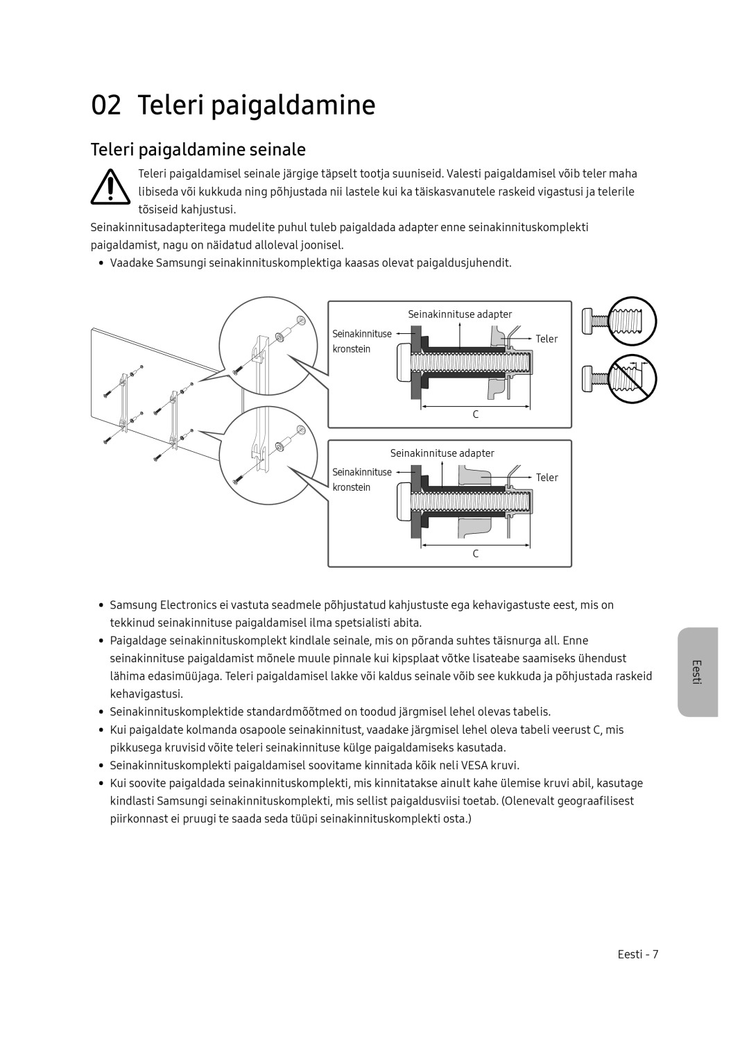 Samsung UE55NU7102KXXH, UE65NU7172UXXH, UE75NU7172UXXH, UE65NU7102KXXH manual Teleri paigaldamine seinale 