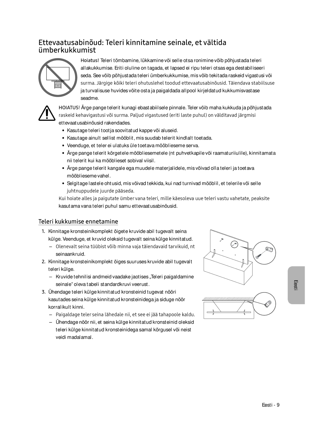 Samsung UE75NU7172UXXH, UE65NU7172UXXH, UE65NU7102KXXH, UE55NU7102KXXH manual Teleri kukkumise ennetamine 