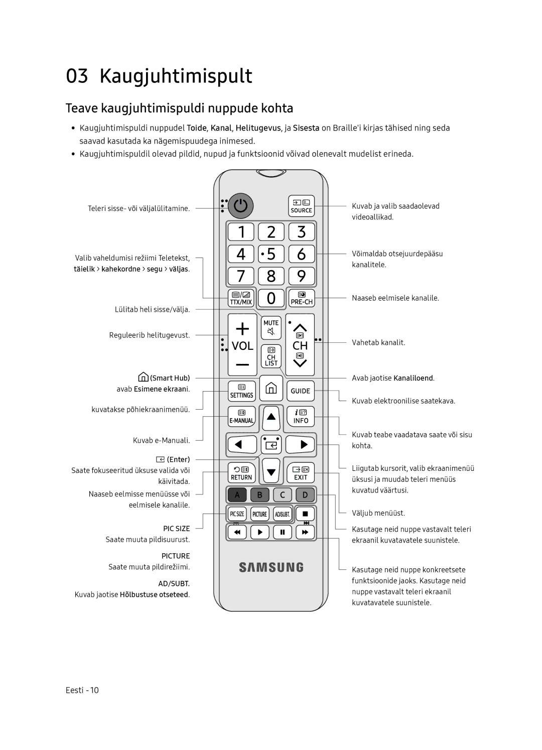 Samsung UE65NU7102KXXH, UE65NU7172UXXH, UE75NU7172UXXH manual Kaugjuhtimispult, Teave kaugjuhtimispuldi nuppude kohta 