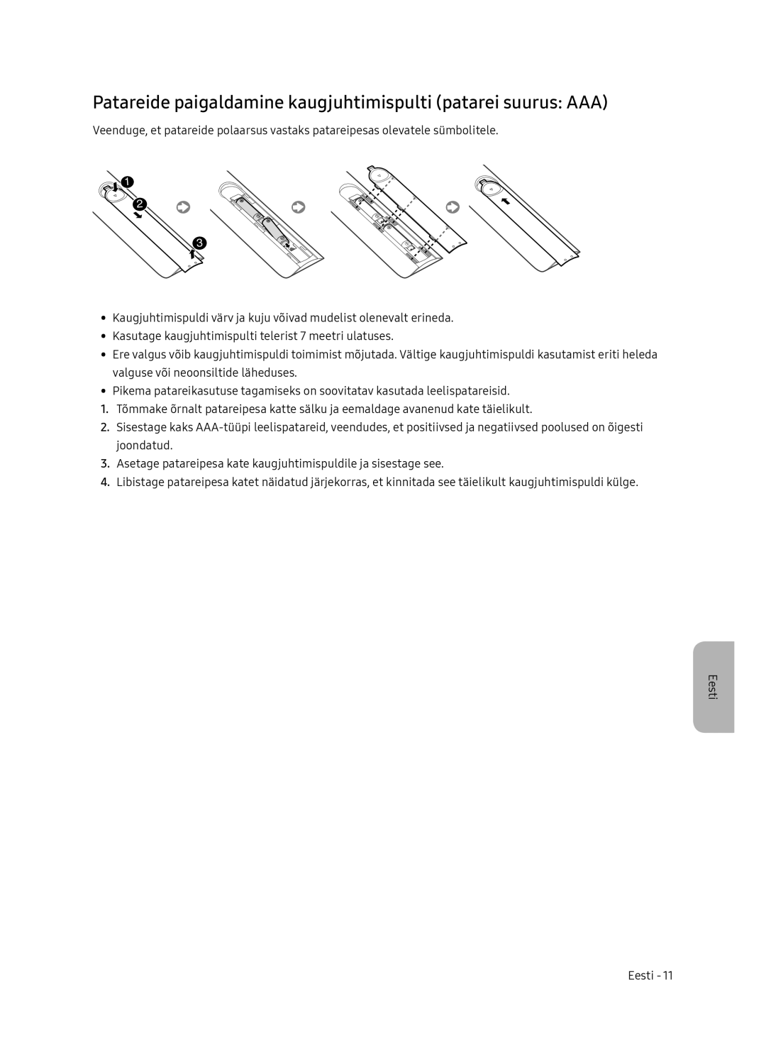 Samsung UE55NU7102KXXH, UE65NU7172UXXH, UE75NU7172UXXH manual Patareide paigaldamine kaugjuhtimispulti patarei suurus AAA 